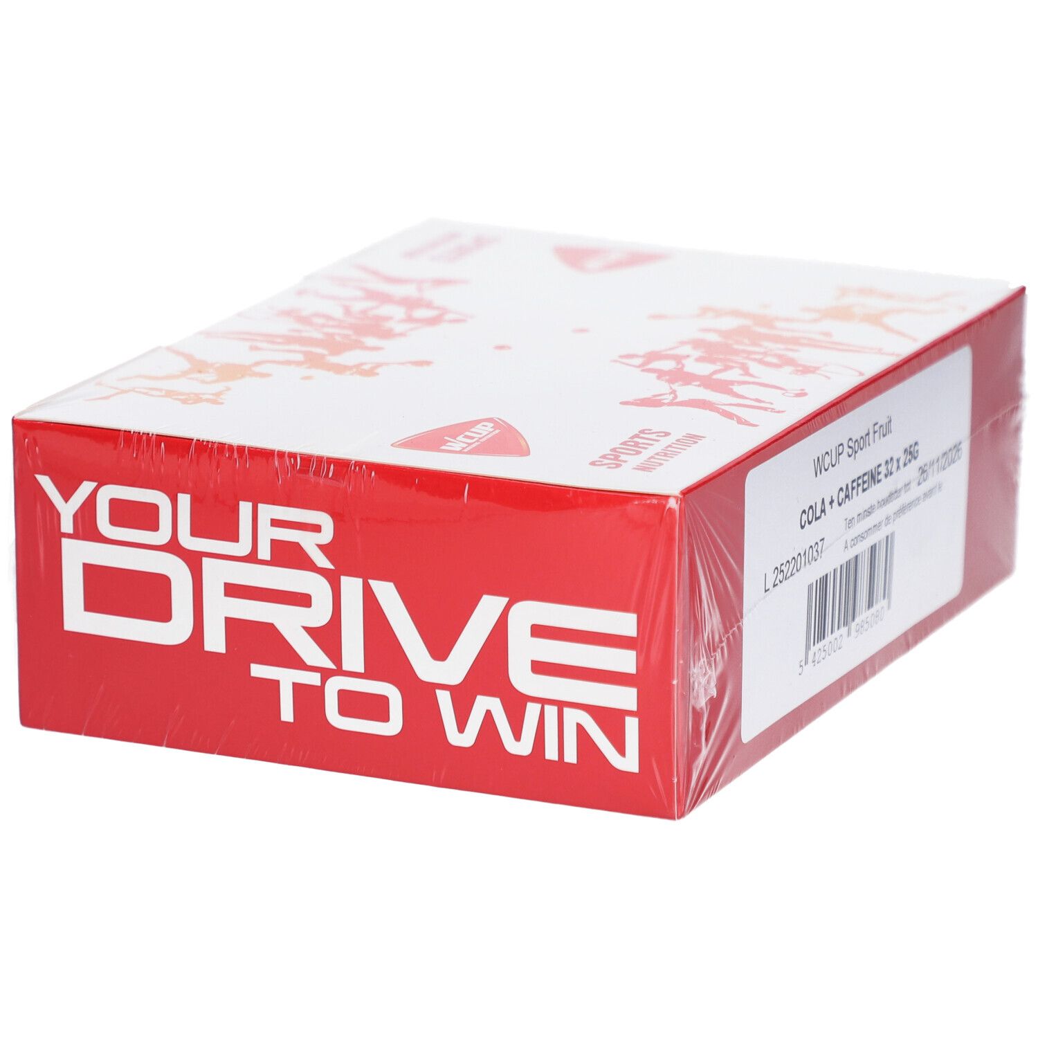 Emballage WCUP Sport Fruit Cola + Caffeine. Emballage rouge et blanc avec le slogan "YOUR DRIVE TO WIN".