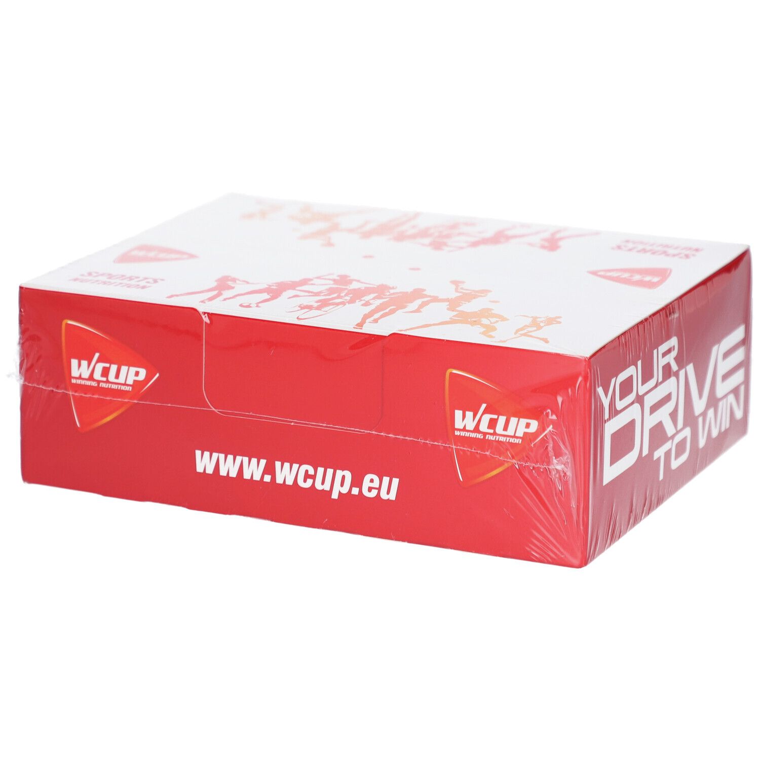Emballage WCUP Sport Fruit Cola + Caffeine. Emballage rouge et blanc avec le logo et le site web www.wcup.eu.