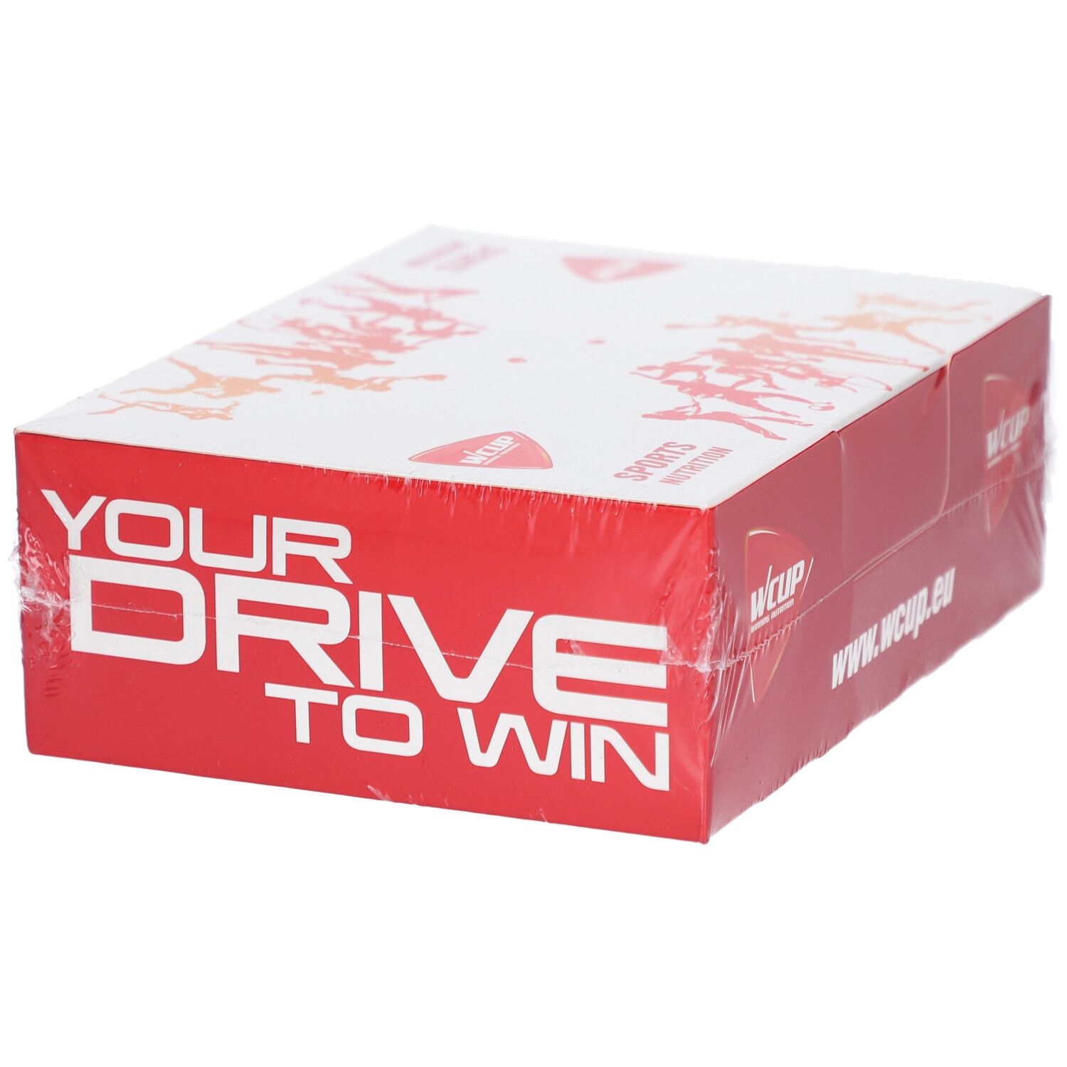Emballage WCUP Sport Fruit Cola + Caffeine. Emballage rouge et blanc avec le slogan "YOUR DRIVE TO WIN" et le logo.