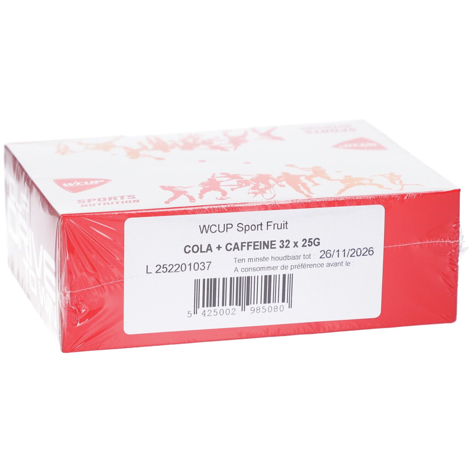 Emballage WCUP Sport Fruit Cola + Caffeine. Emballage rouge et blanc avec informations produit et date de péremption.