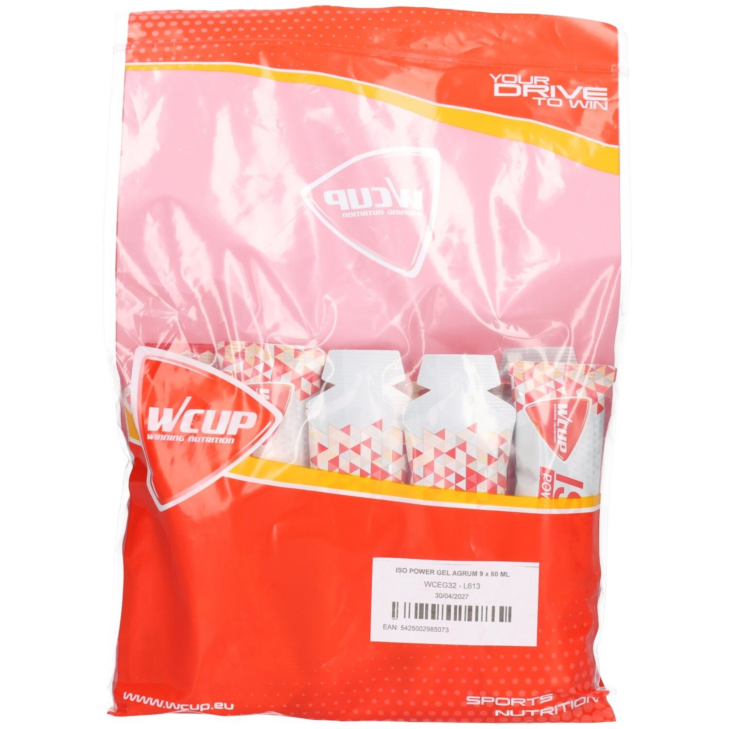 Transparente Verpackung mit mehreren Gel-Beuteln. Aufdruck "Wcup" und Produktinformationen auf Etikett.