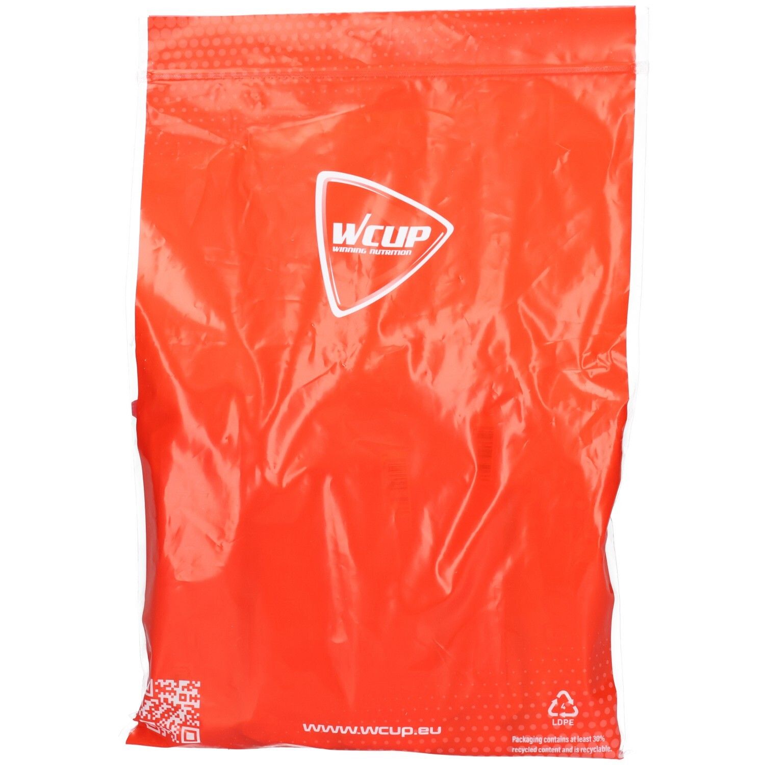 Rote Verpackung mit weißem "Wcup" Logo. Unten Website-Adresse und QR-Code.