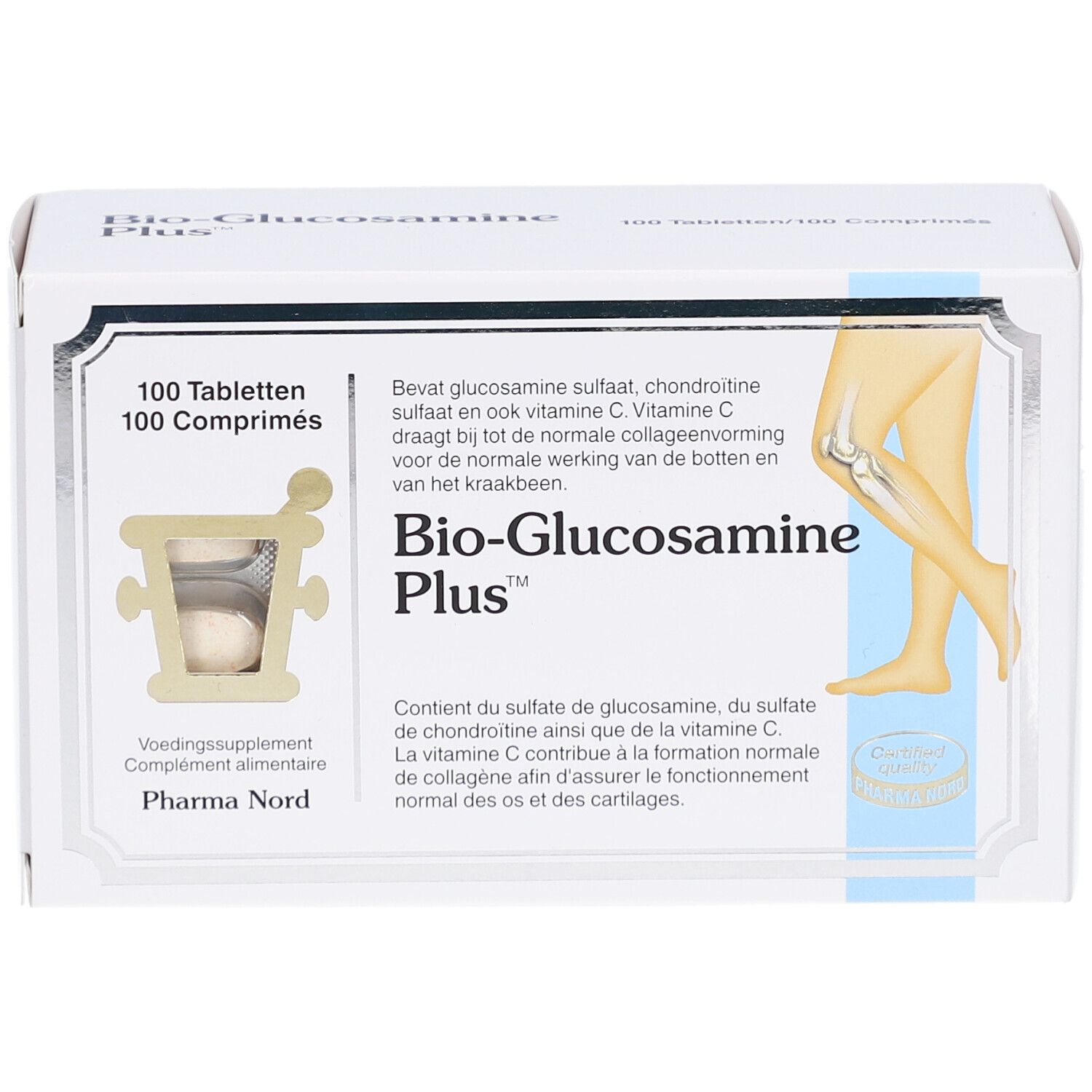 Boîte blanche avec nom du produit et illustration. Contient 100 comprimés. Logo Pharma Nord. Texte en allemand, français et néerlandais.