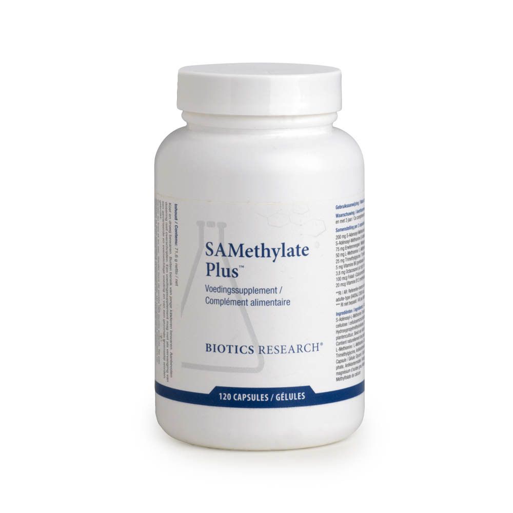 Weiße Flasche mit SA-Methylate Plus-Etikett. 120 Kapseln. Biotics Research-Logo. Auf weißem Hintergrund.