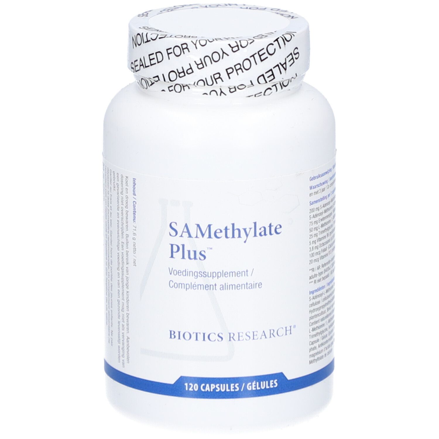 Weiße Flasche mit SA-Methylate Plus, 120 Kapseln. Biotics Research Logo. Verschluss mit Aufdruck.