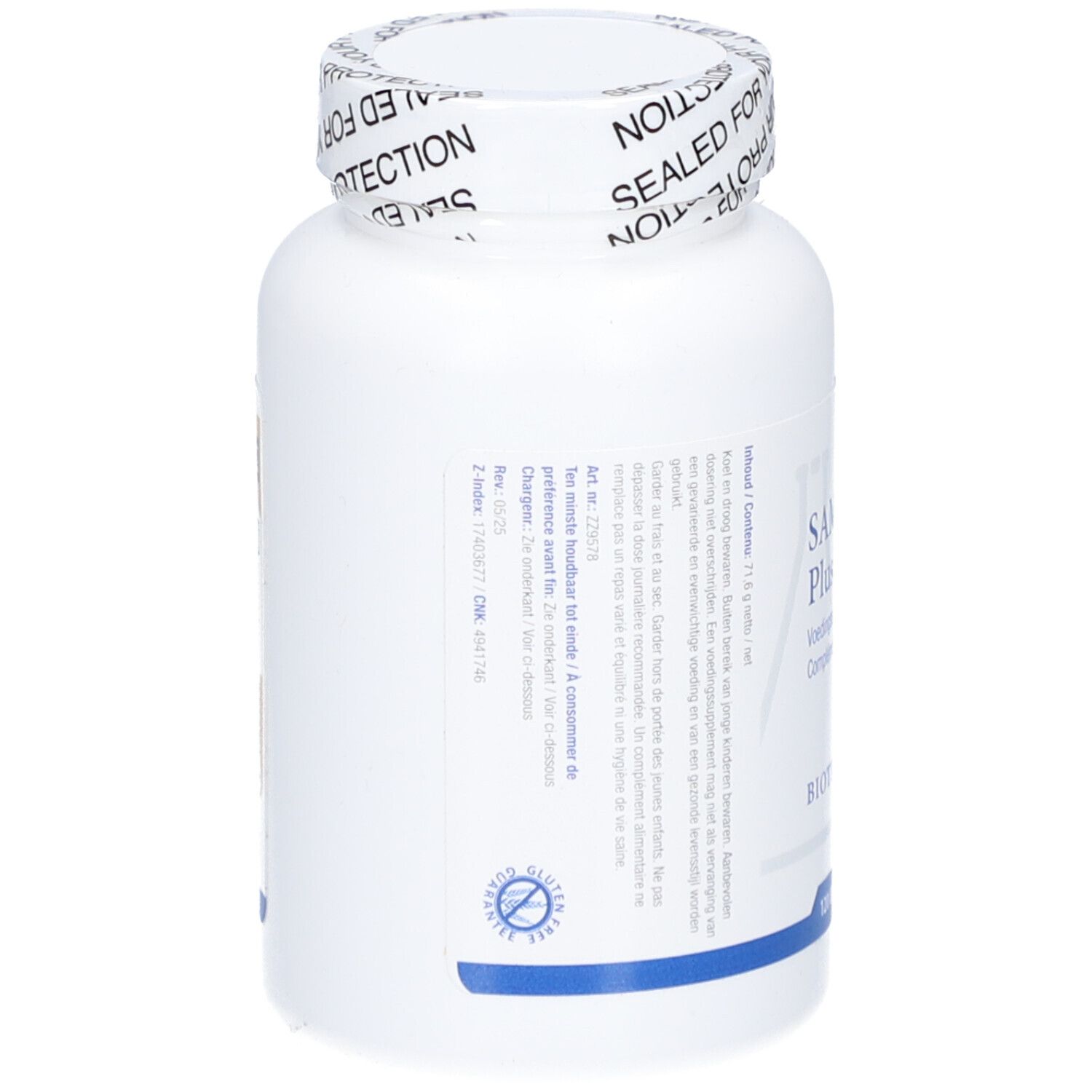 Weiße Flasche SA-Methylate Plus. Rückseite mit Text. Glutenfrei-Symbol. Blauer Streifen.