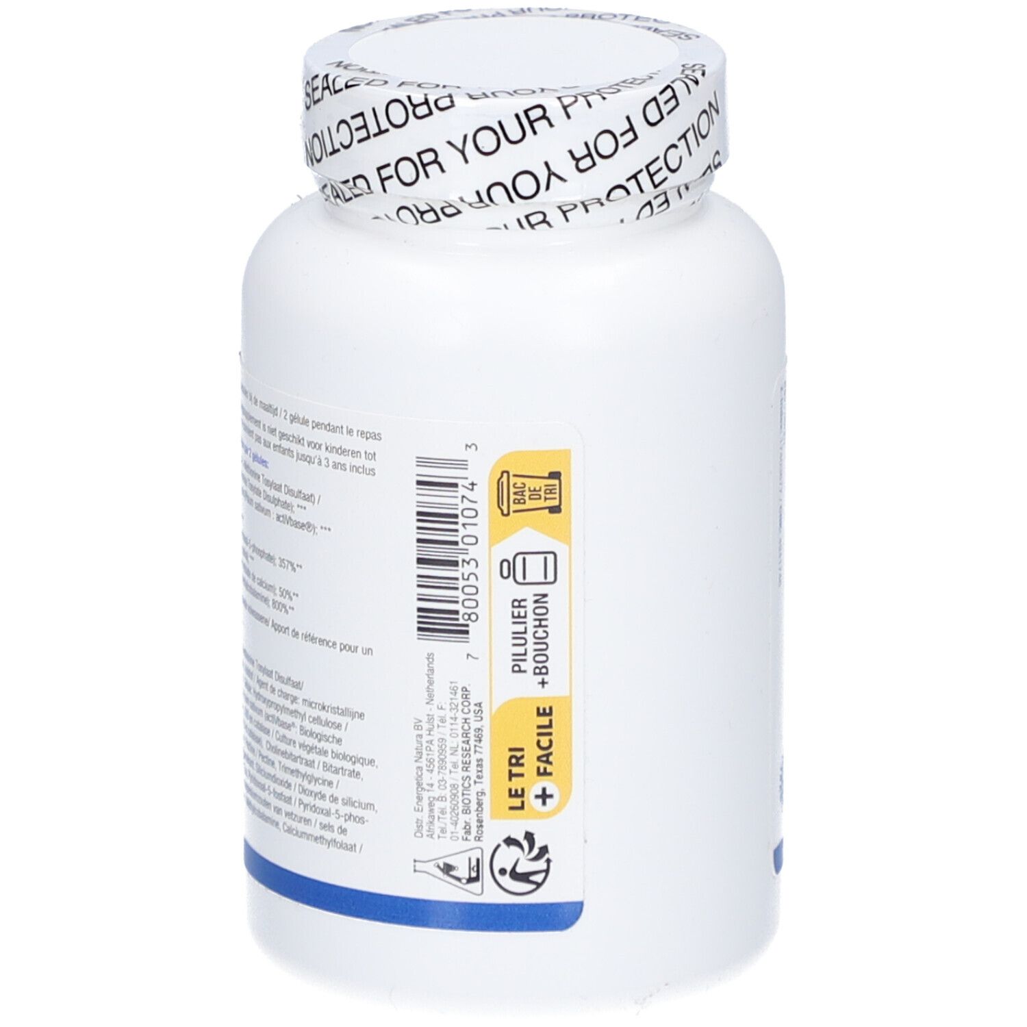 Weiße Flasche SA-Methylate Plus. Rückseite mit Text und Barcode. Recycling-Symbol. Blauer Streifen.