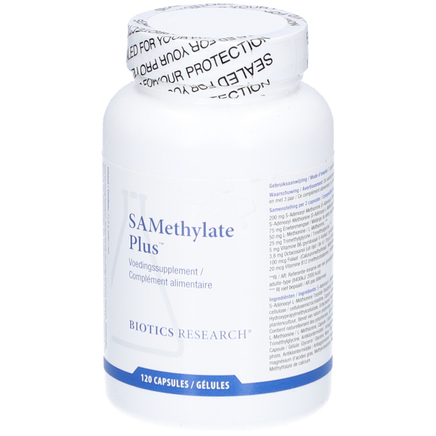 Weiße Flasche SA-Methylate Plus, 120 Kapseln. Biotics Research Logo. Text und Inhaltsstoffe.