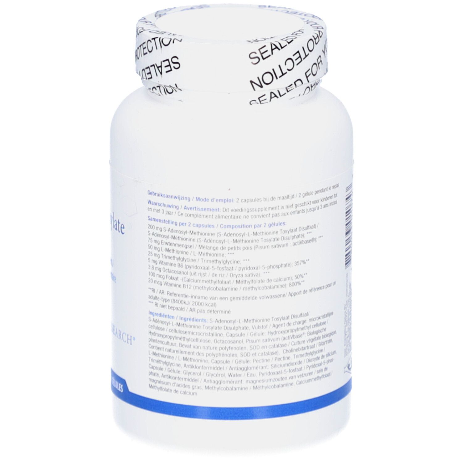 Weiße Flasche SA-Methylate Plus. Rückseite mit Text und Inhaltsstoffen. Blauer Streifen.