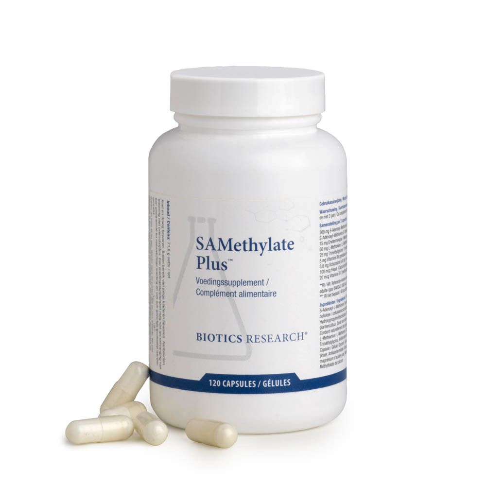 Weiße Flasche mit SA-Methylate Plus-Etikett. 120 Kapseln. Biotics Research-Logo. Kapseln daneben.