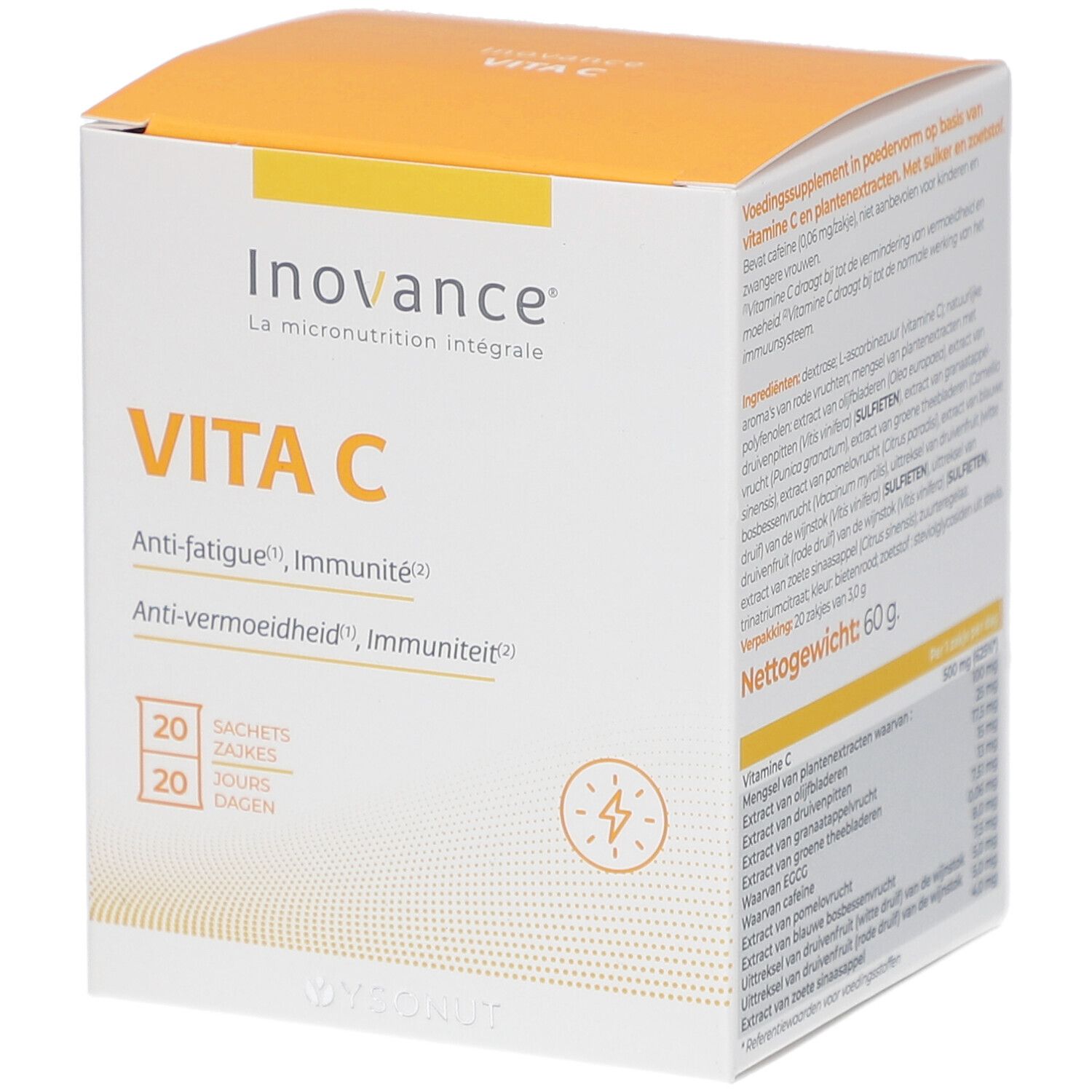 Kartonverpackung mit Inovance Vita C. Enthält 20 Sachets. Aufschrift: Anti-Ermüdung, Immunität. Orange-weißes Design.