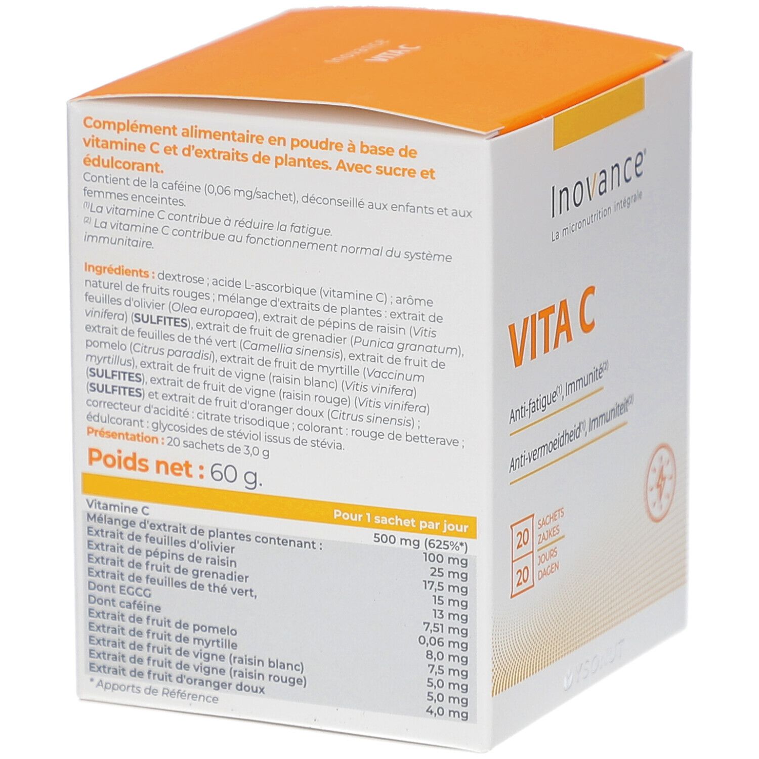 Rückseite der Inovance Vita C Verpackung. Enthält Informationen zu Inhaltsstoffen und Nährwerten. Text in Französisch und Niederländisch.