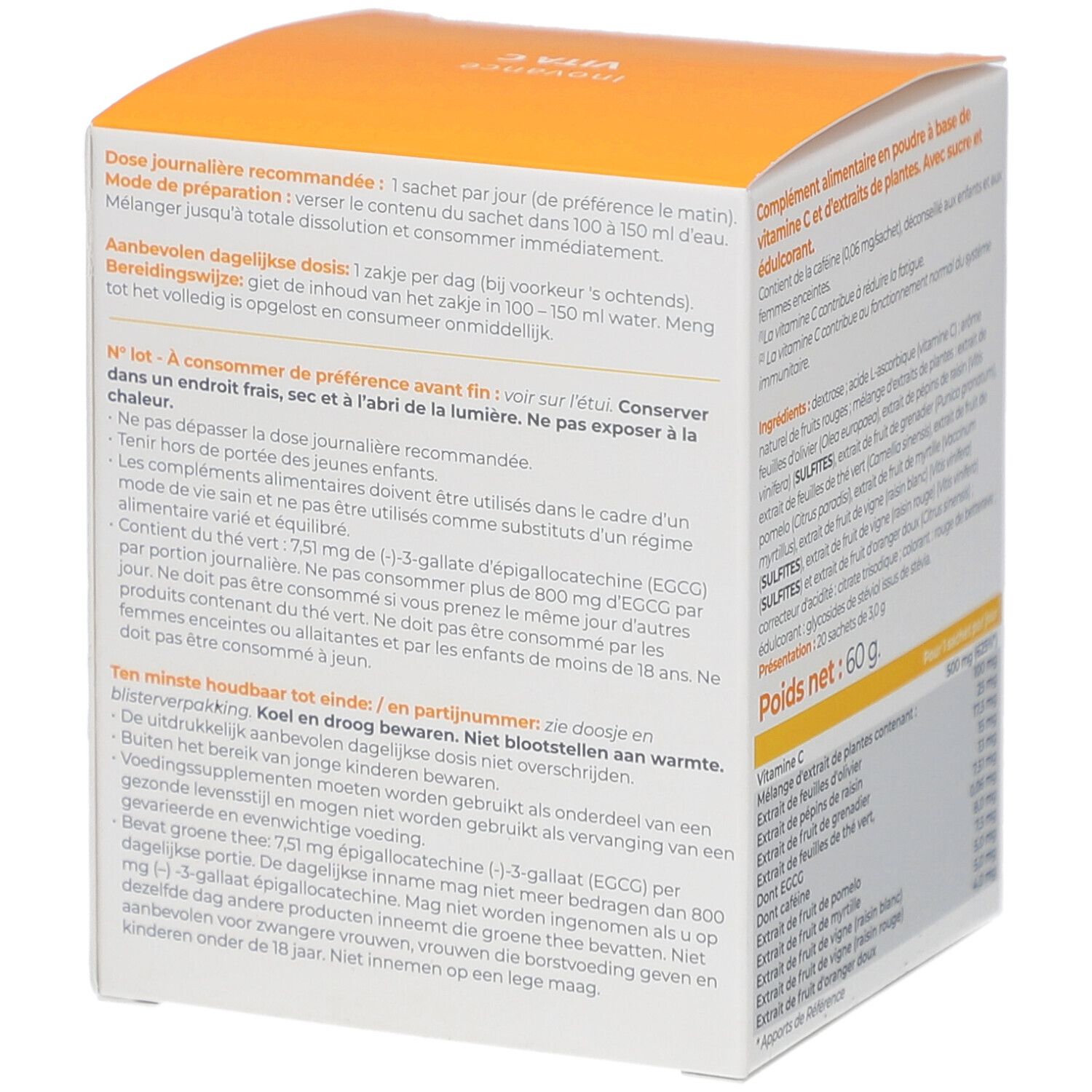 Seite der Inovance Vita C Verpackung. Enthält Informationen zur Anwendung und Lagerung. Text in Französisch und Niederländisch.