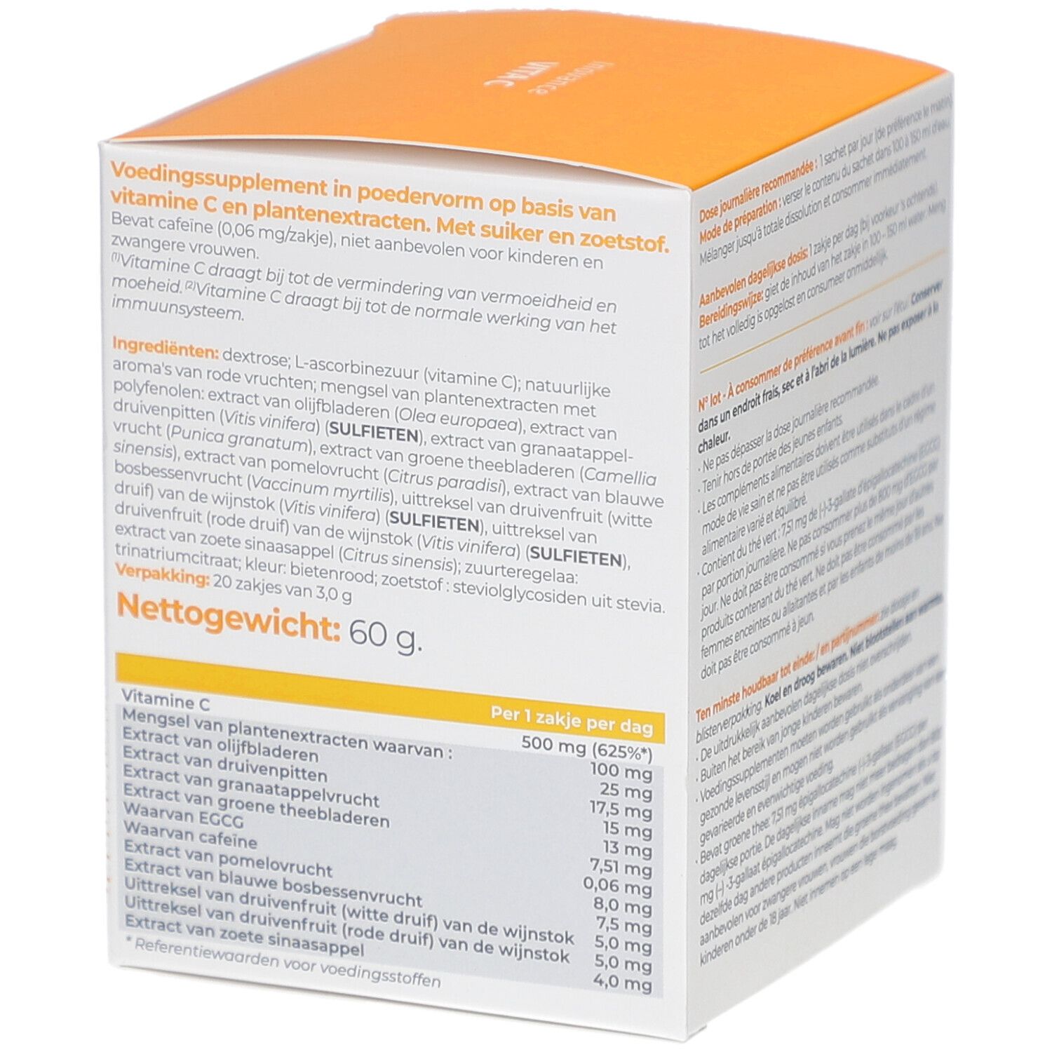 Rückseite der Inovance Vita C Verpackung. Enthält Informationen zu Inhaltsstoffen und Nährwerten. Text in Französisch und Niederländisch.