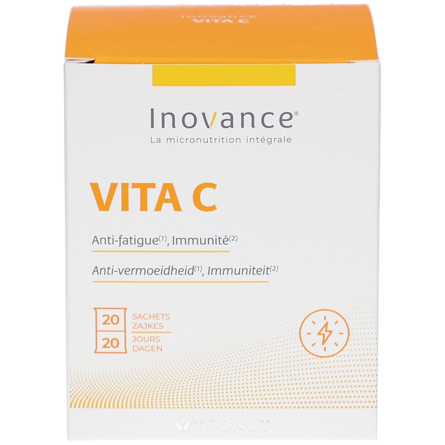 Vorderseite der Inovance Vita C Verpackung. Enthält 20 Sachets. Aufschrift: Anti-Ermüdung, Immunität. Orange-weißes Design.