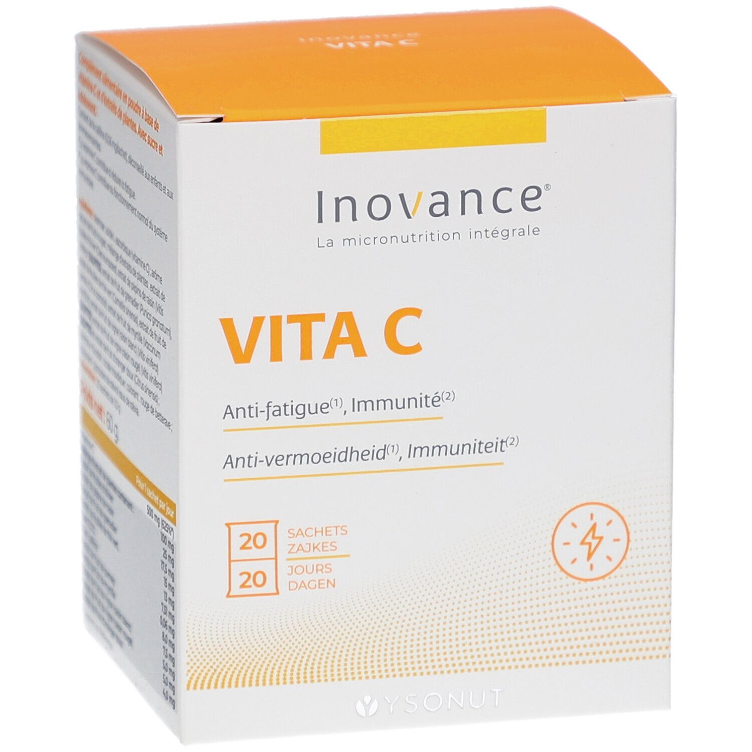 Vorderseite der Inovance Vita C Verpackung. Enthält 20 Sachets. Aufschrift: Anti-Ermüdung, Immunität. Orange-weißes Design.