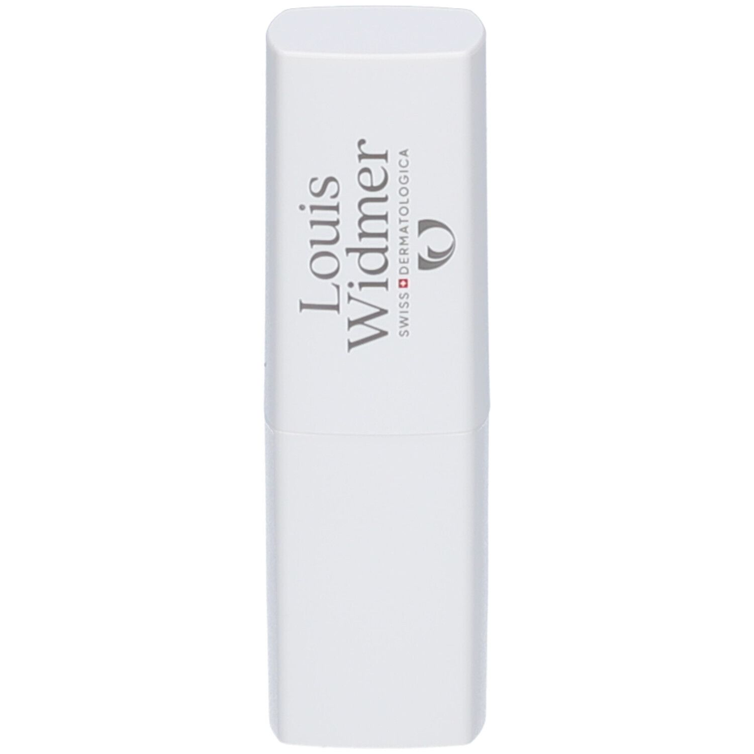 Weißer Lippenpflegestift mit grauer Schrift. Marke: Louis Widmer. Swiss Dermatologica.