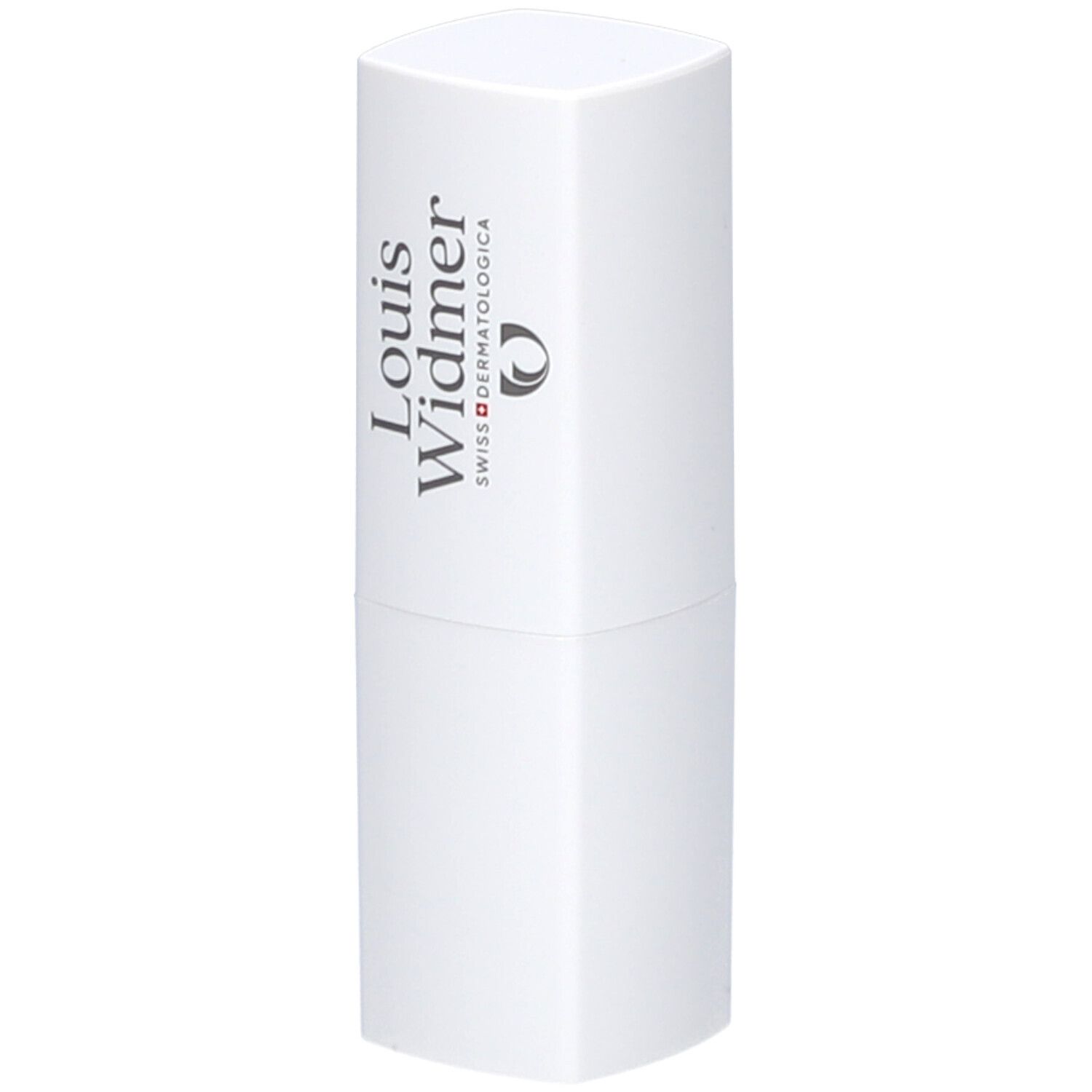 Weißer Lippenpflegestift mit grauer Schrift. Marke: Louis Widmer. Swiss Dermatologica.