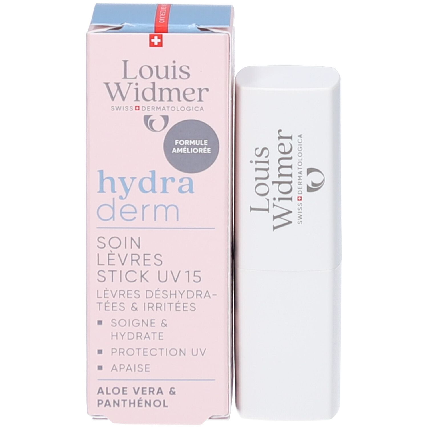 Produkt und Verpackung. Weiße Lippenpflege und rosa Schachtel. Marke: Louis Widmer. hydra derm.