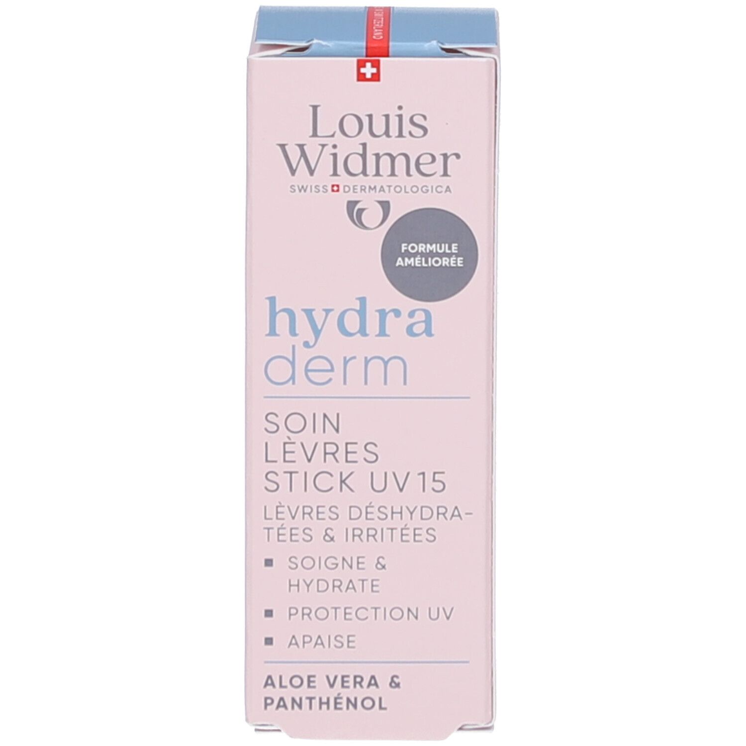 Rosa Schachtel mit weißem Lippenpflegestift. Marke: Louis Widmer. hydra derm. UV15.