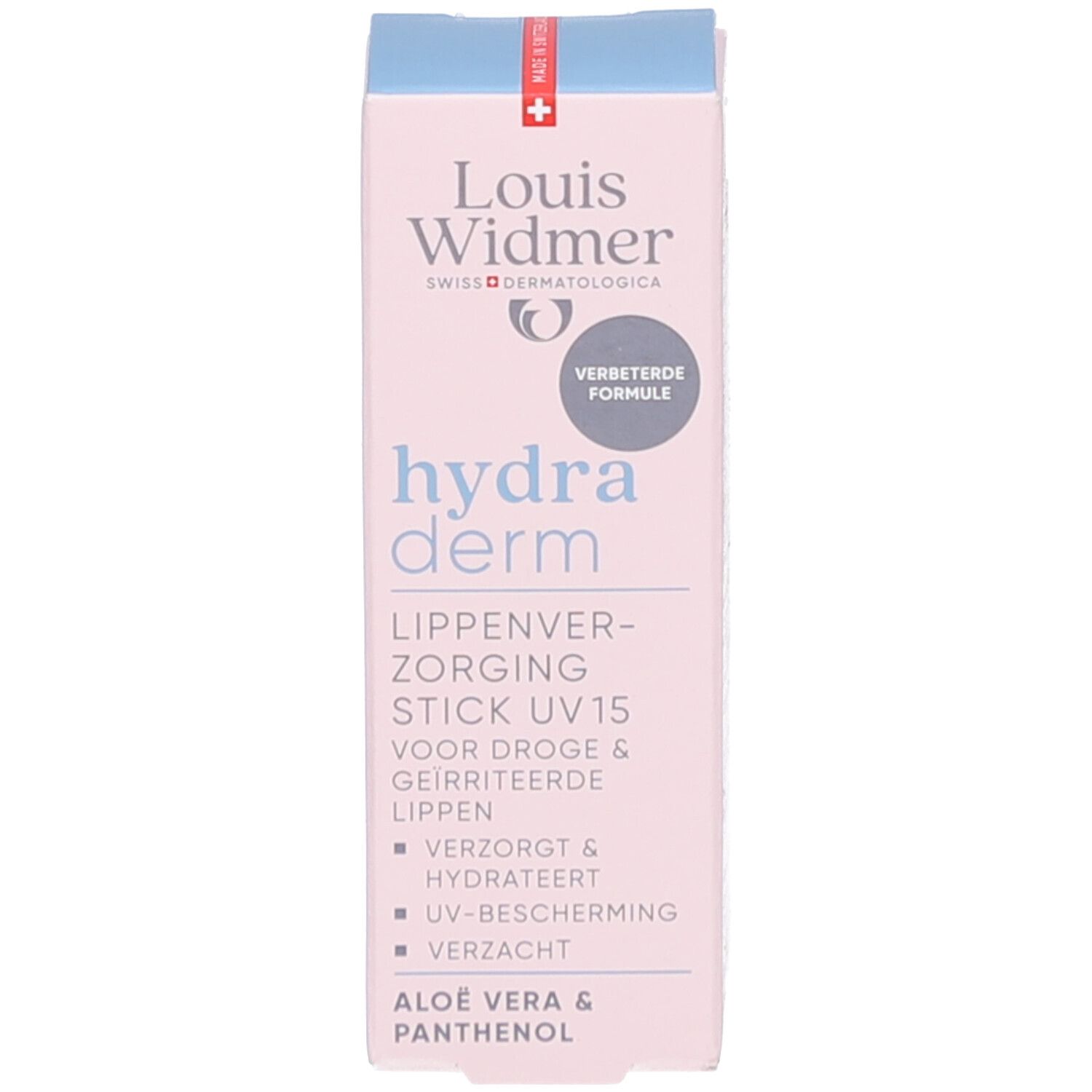 Rosa Schachtel mit Text. Marke: Louis Widmer. hydra derm. Lippenpflege. UV15. Für trockene Lippen.