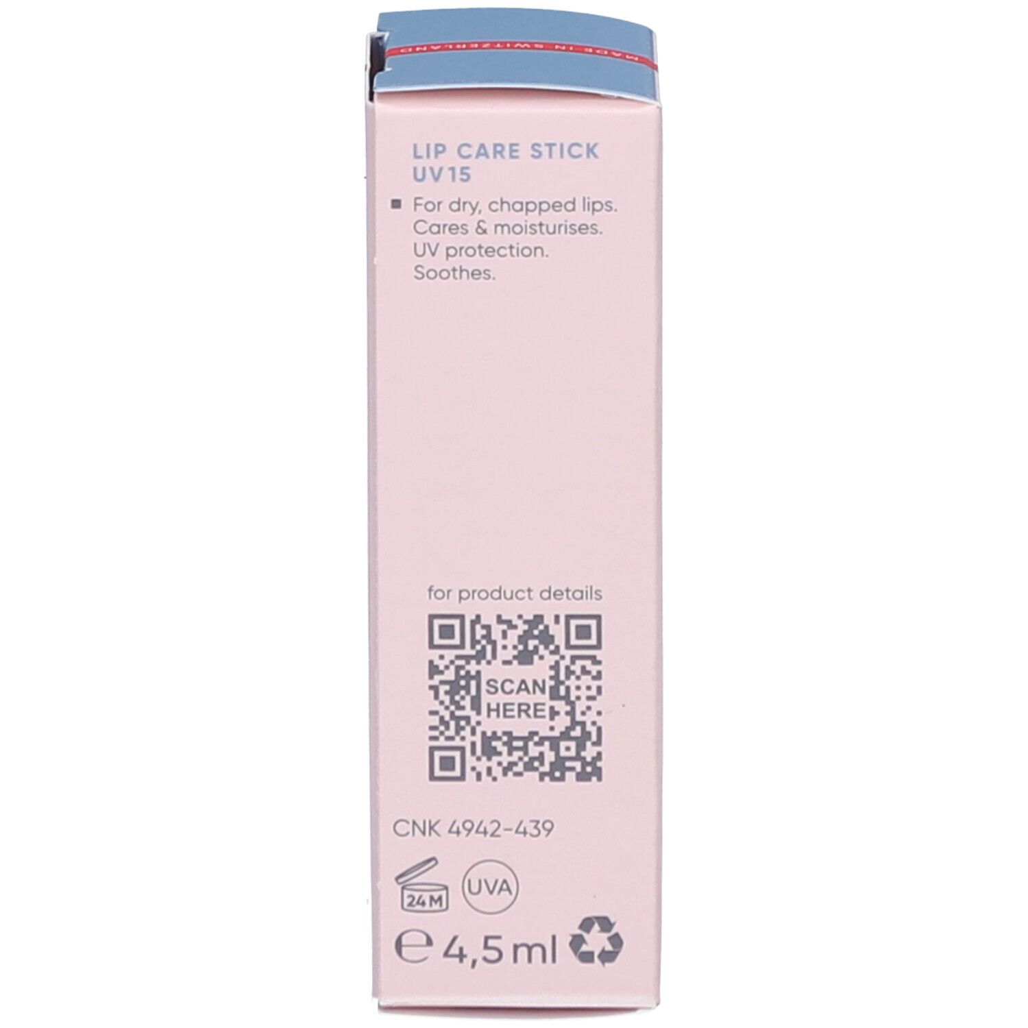 Rückseite der rosa Schachtel. QR-Code, Volumen 4,5 ml, Recycling-Symbol. UV-Schutz.