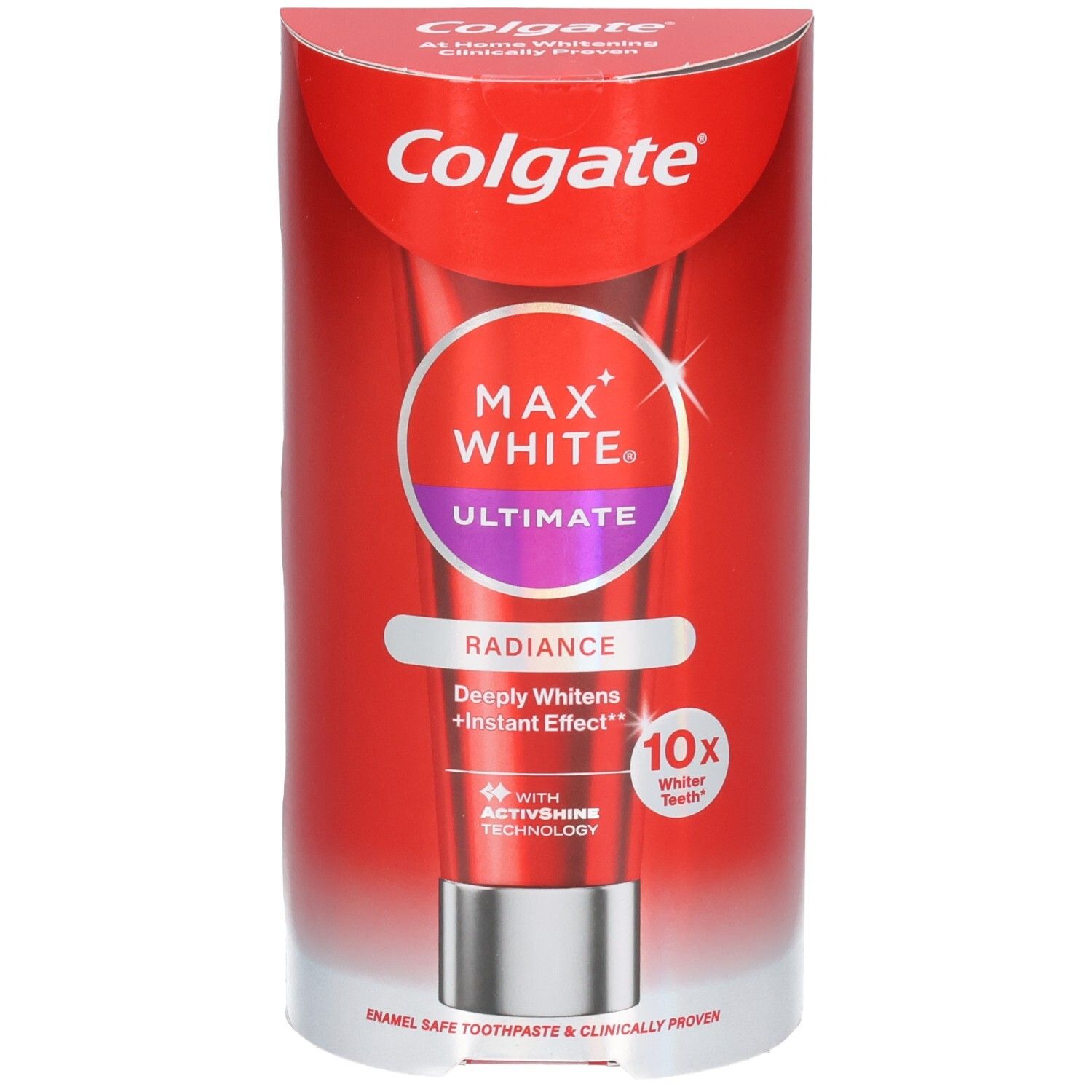 Zahncreme-Tube in roter Verpackung. Aufschrift: Colgate Max White Ultimate Radiance. Mit ActivShine Technologie.