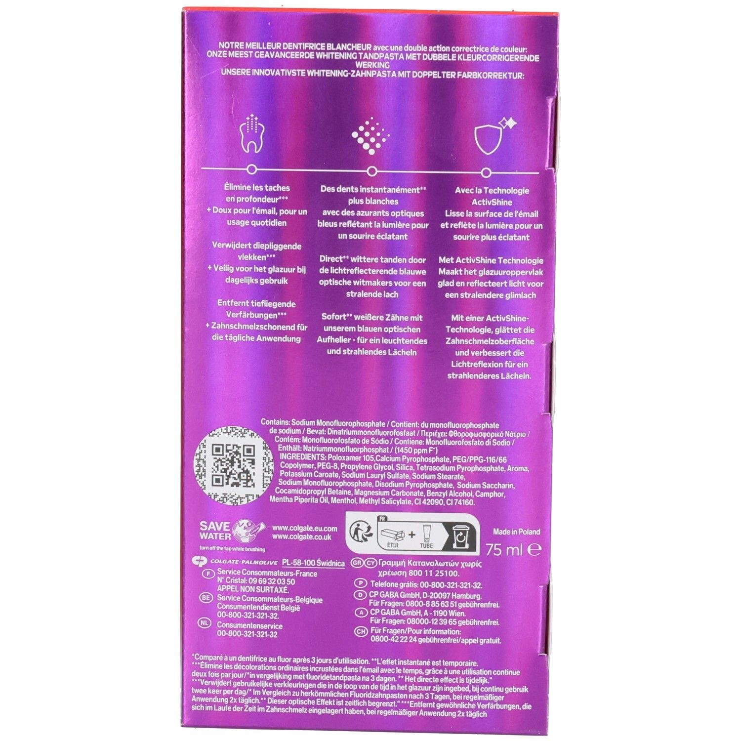 Rückseite der Verpackung. Text in Deutsch, Französisch, Italienisch und Niederländisch. Enthält 75 ml.