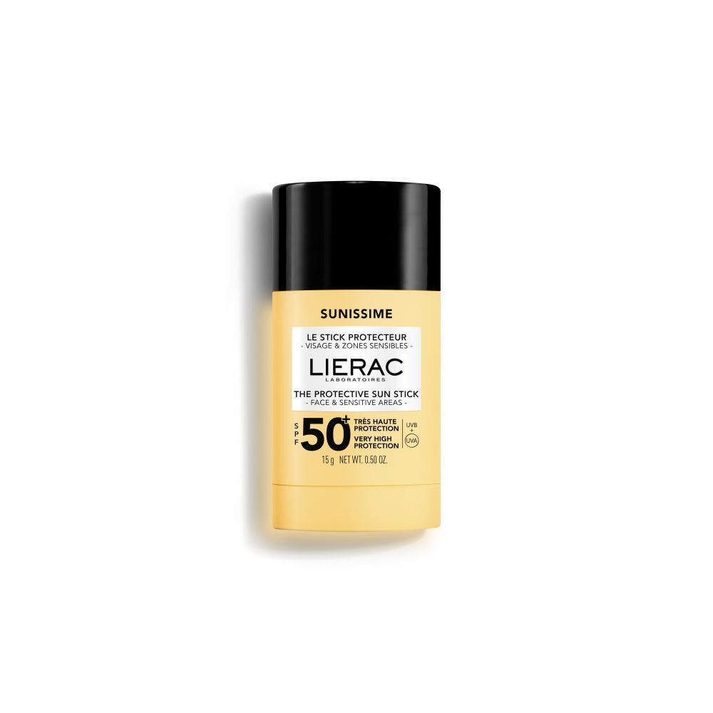 Stick solaire cylindrique. Emballage jaune et noir. Nom du produit et SPF 50+ visibles.