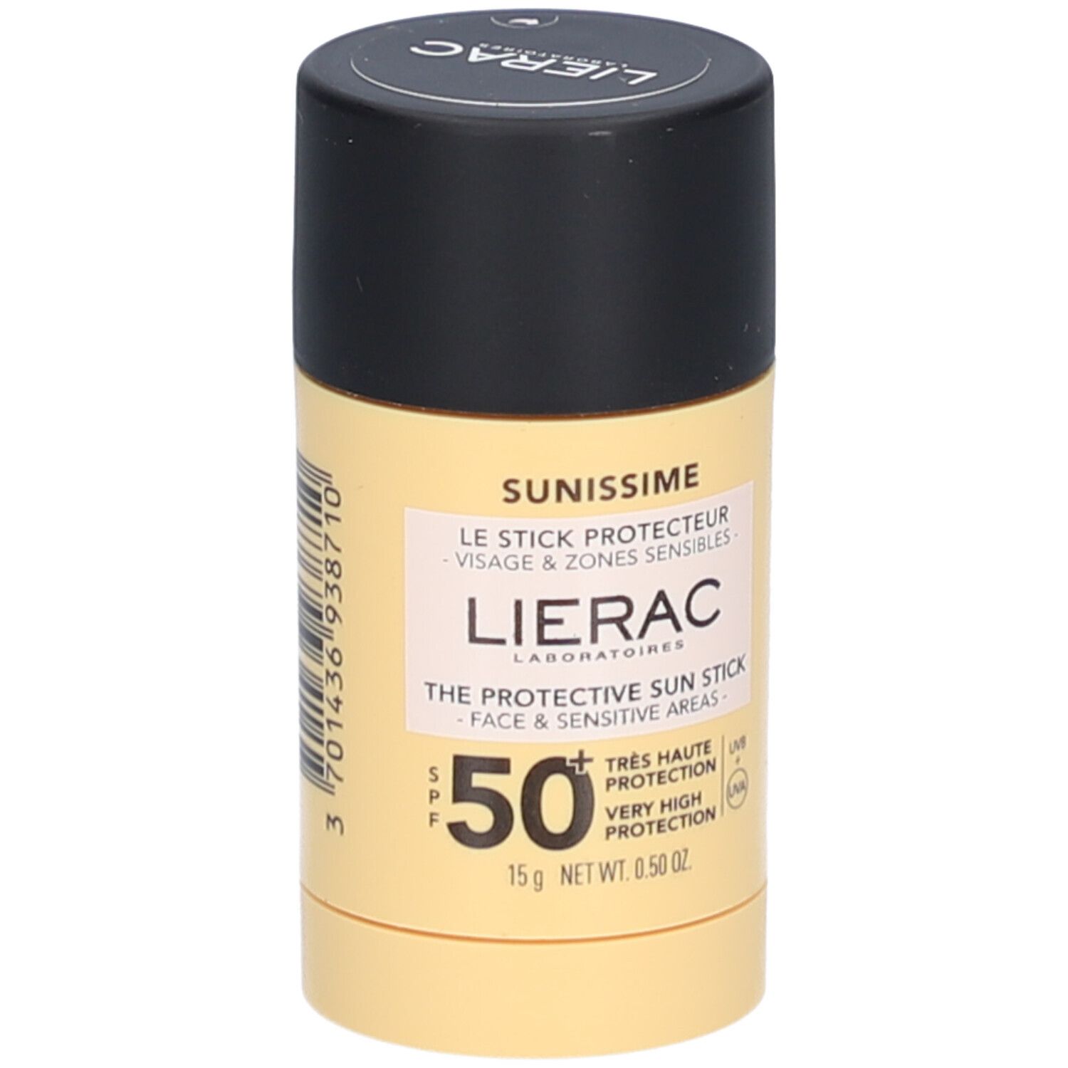 Zylindrischer Sonnenschutz-Stick. Gelbe Verpackung mit schwarzem Deckel. SPF 50+ und Produktname sichtbar.