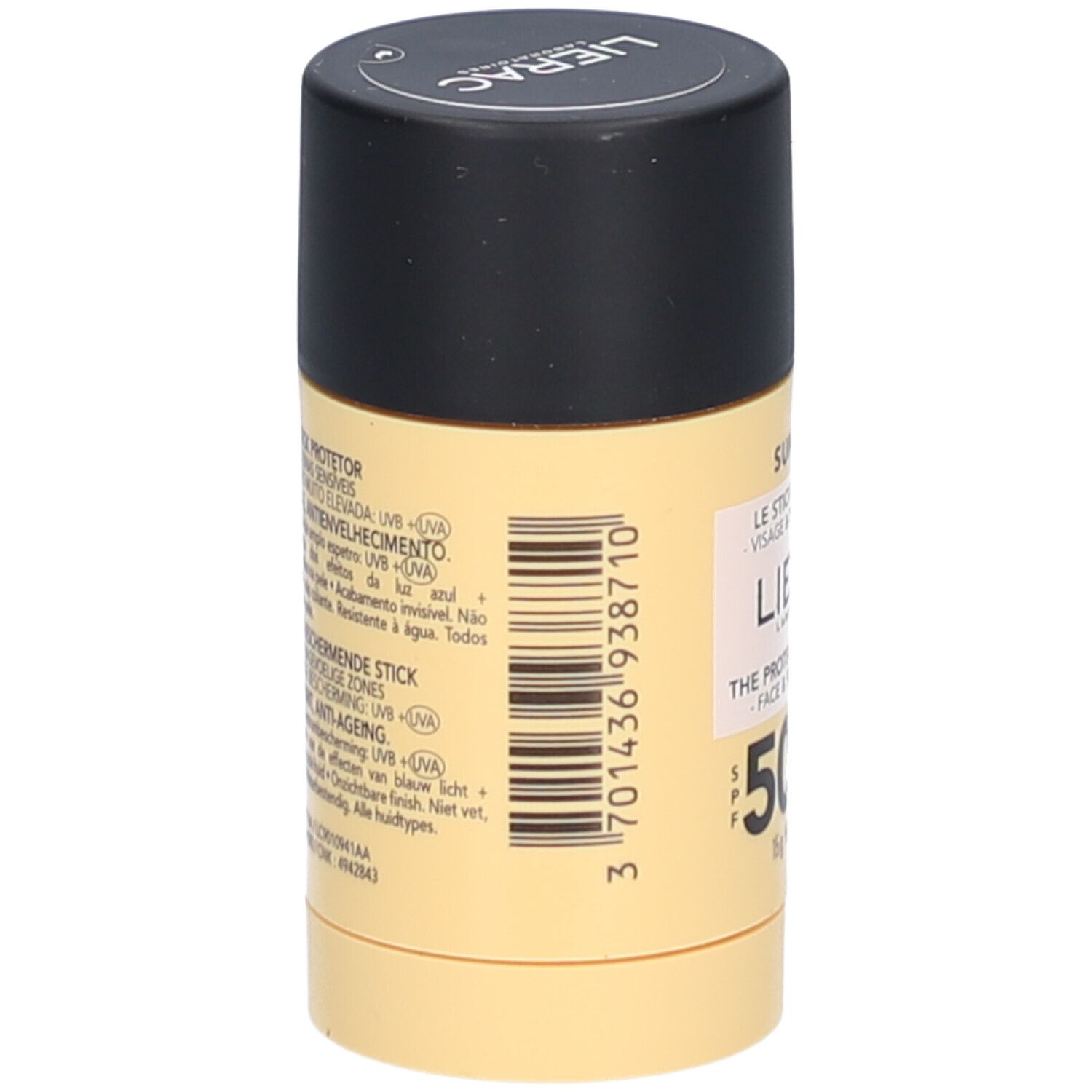 Zylindrischer Sonnenschutz-Stick. Gelbe Verpackung mit schwarzem Deckel. Barcode und Text auf der Seite.