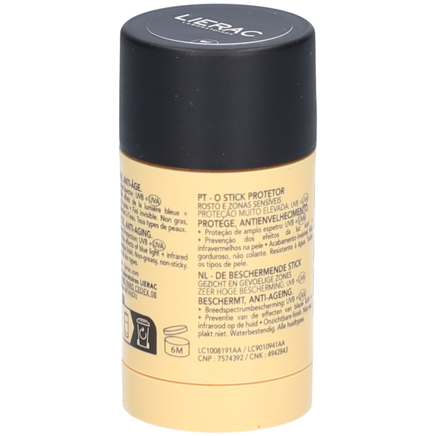 Zylindrischer Sonnenschutz-Stick. Gelbe Verpackung mit schwarzem Deckel. Text in mehreren Sprachen.