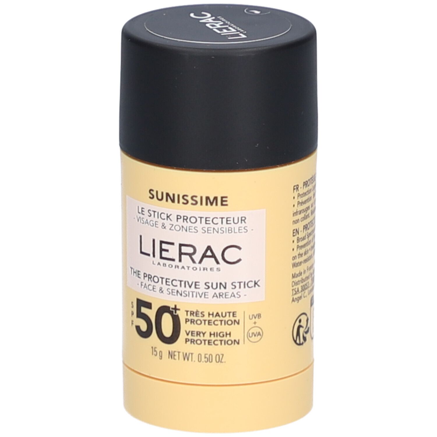 Zylindrischer Sonnenschutz-Stick. Gelbe Verpackung mit schwarzem Deckel. SPF 50+ und Produktname sichtbar.