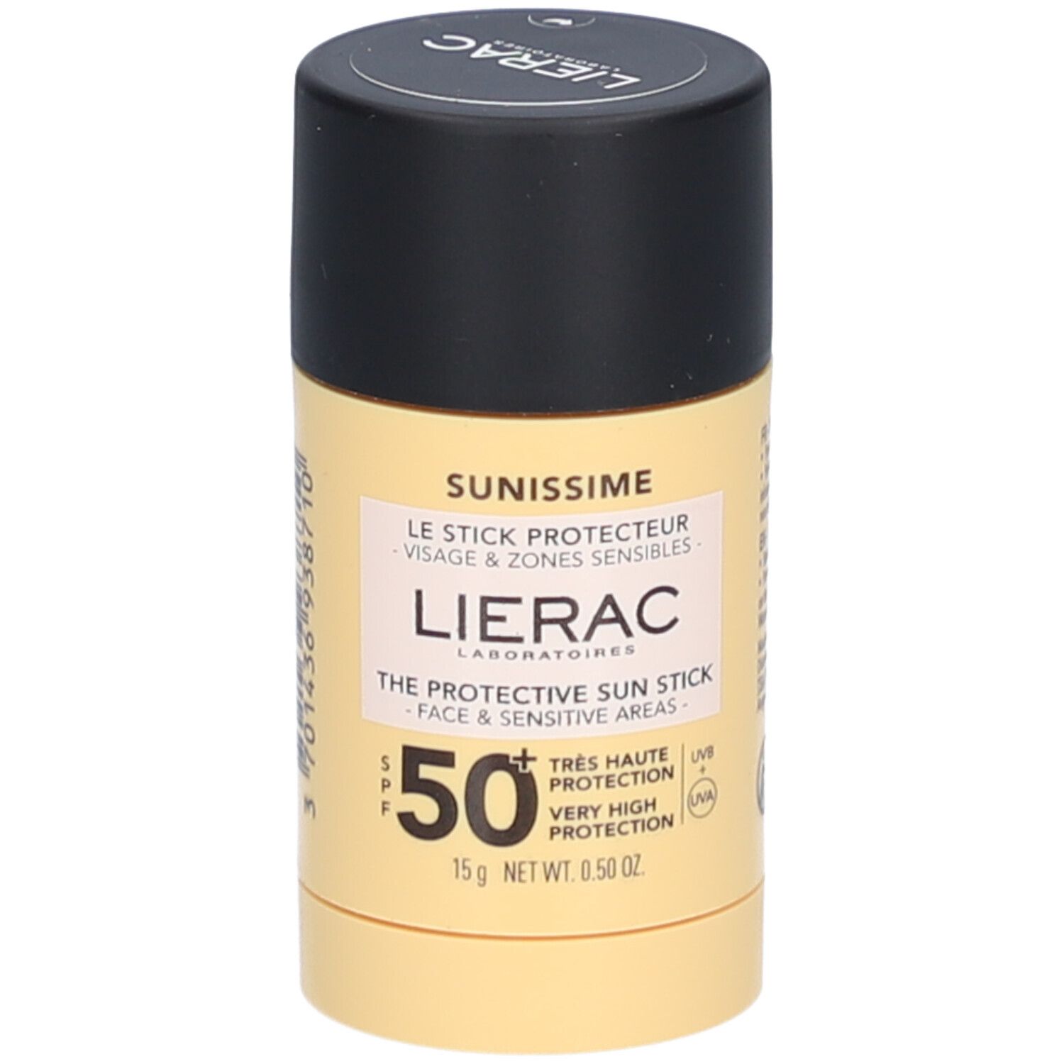 Zylindrischer Sonnenschutz-Stick. Gelbe Verpackung mit schwarzem Deckel. SPF 50+ und Produktname sichtbar.