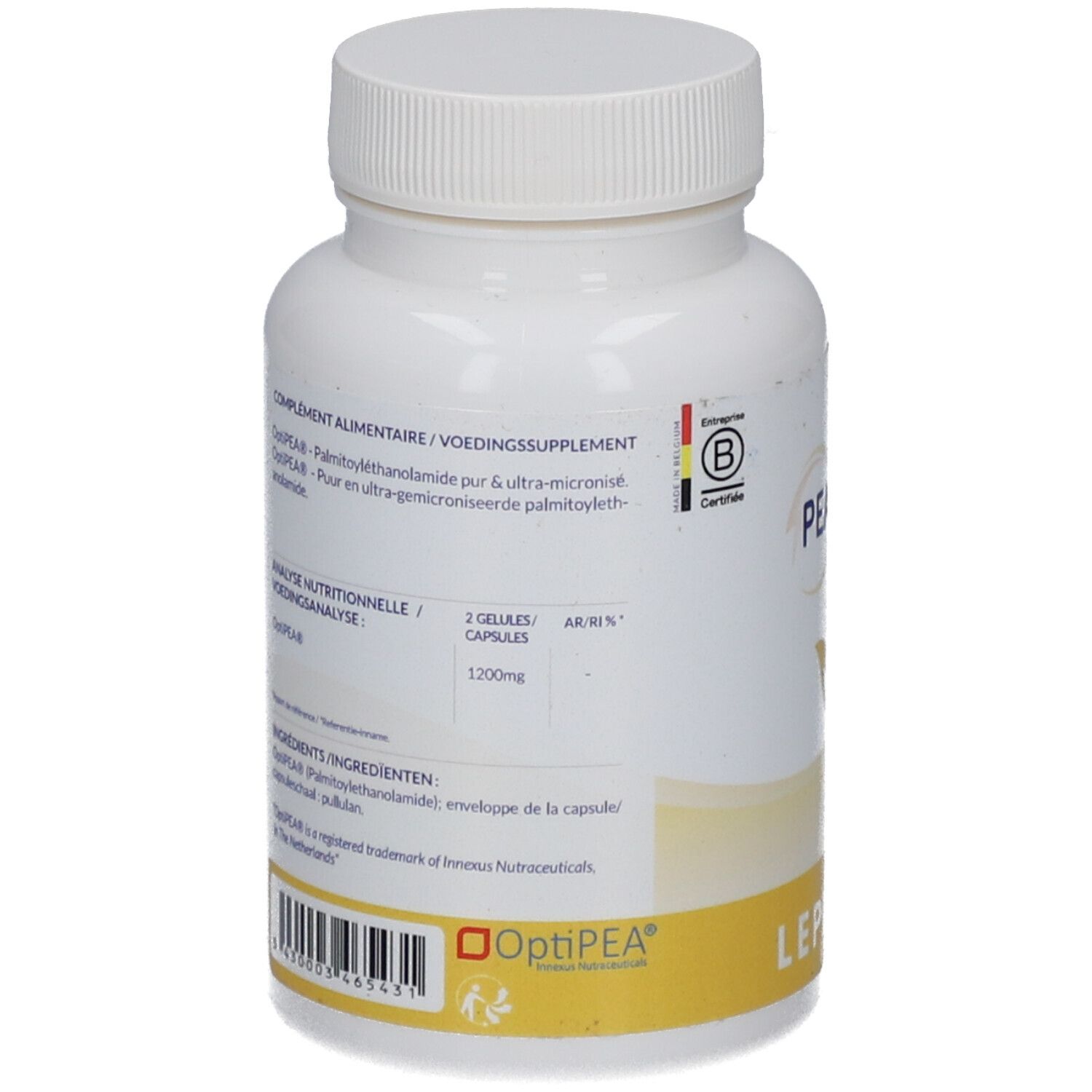 Rückseite einer weißen Flasche mit PEA MAX. Enthält Informationen zu Inhaltsstoffen und Nährwerten. Mit OptiPEA-Logo.