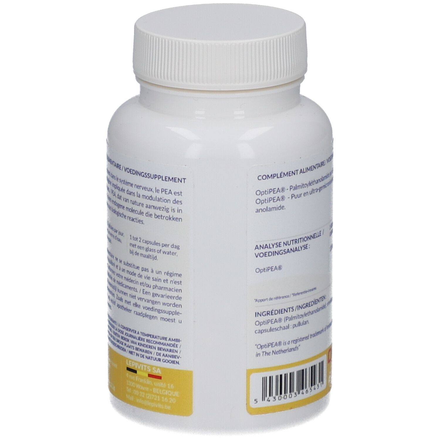 Rückseite einer weißen Flasche mit PEA MAX. Enthält Informationen zur Anwendung und Inhaltsstoffe. Mit OptiPEA-Logo.
