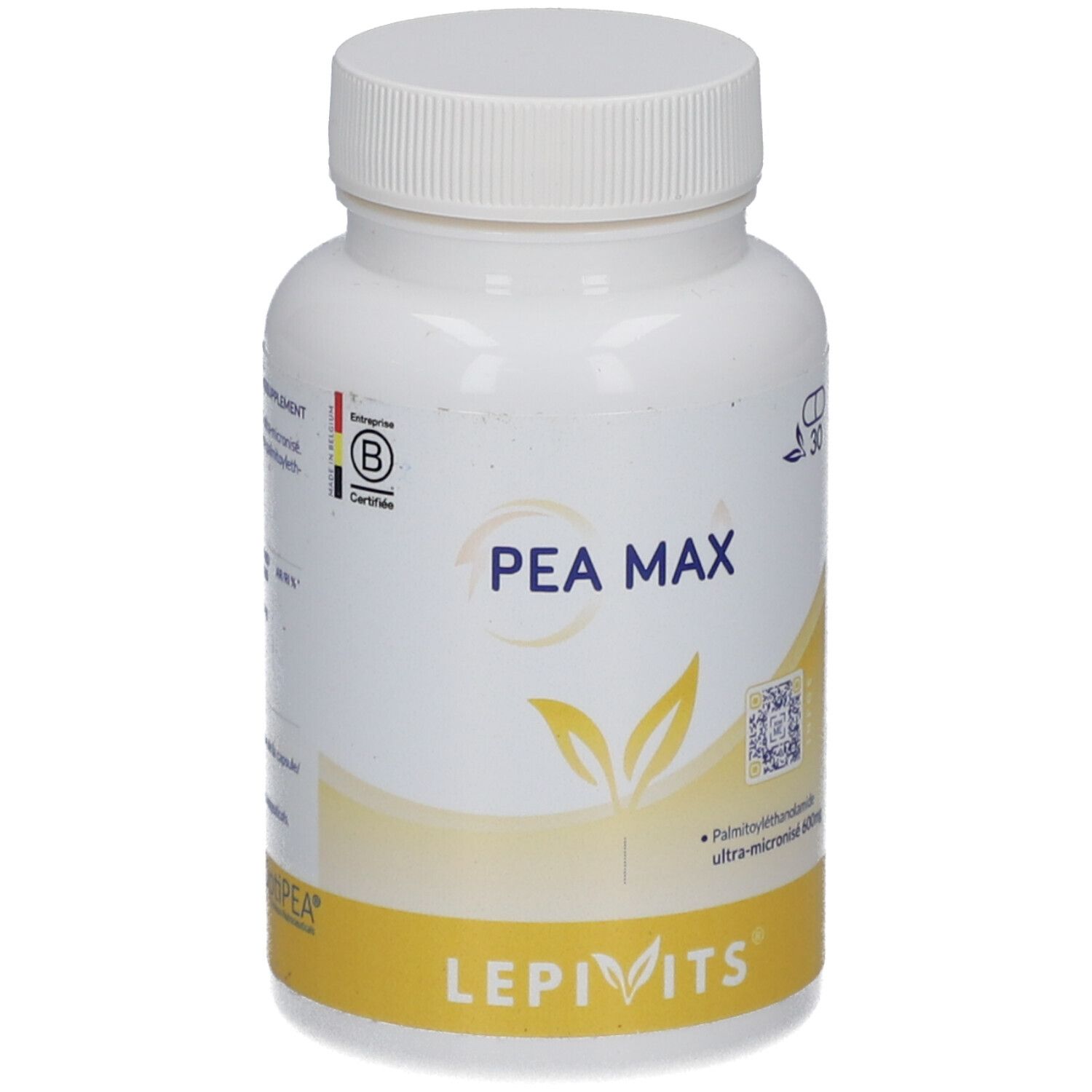 Weiße Flasche mit PEA MAX-Aufschrift und Lepivits-Logo. Enthält 30 Kapseln. Mit Zertifizierungszeichen.