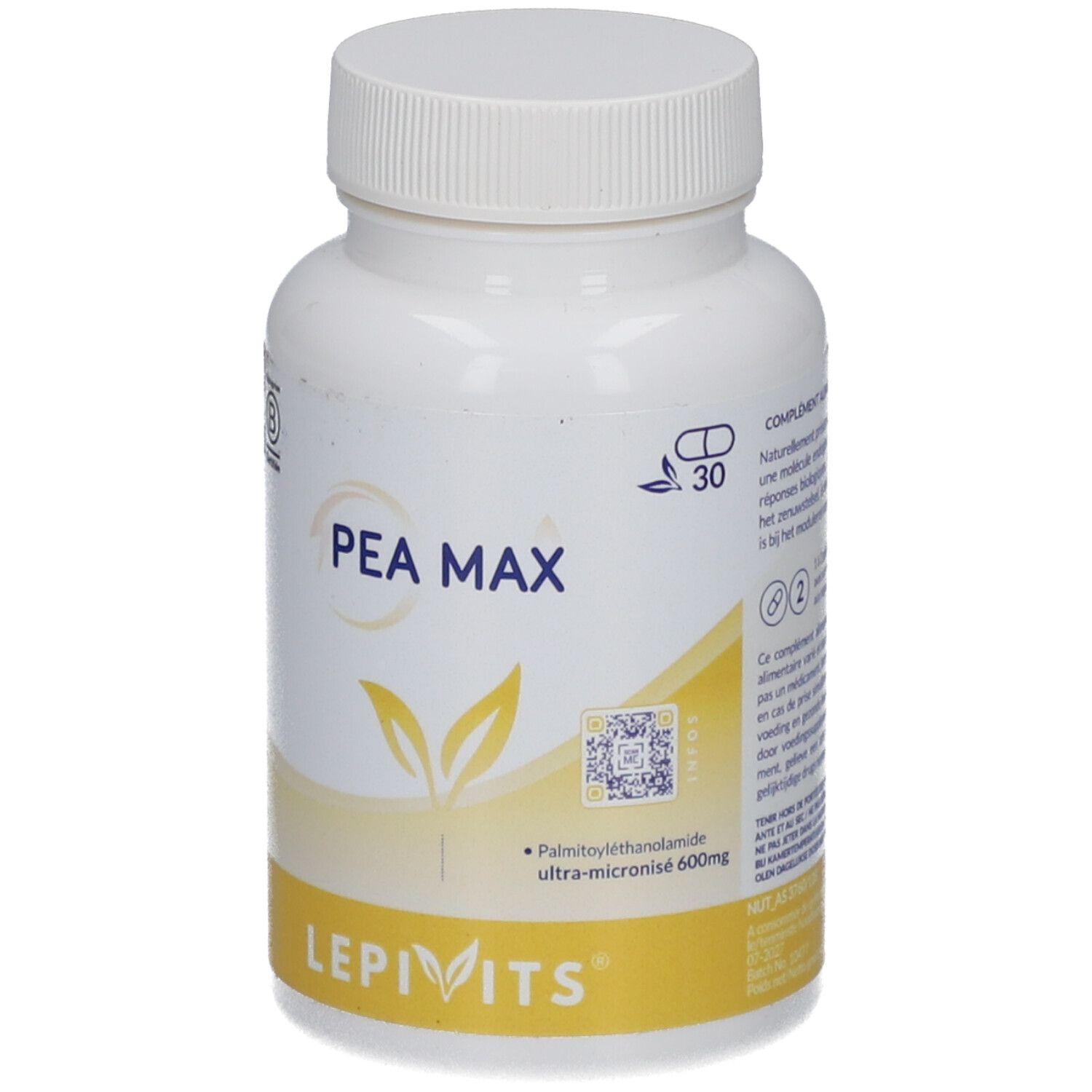 Weiße Flasche mit PEA MAX-Aufschrift und Lepivits-Logo. Enthält 30 Kapseln. Mit Zertifizierungszeichen.