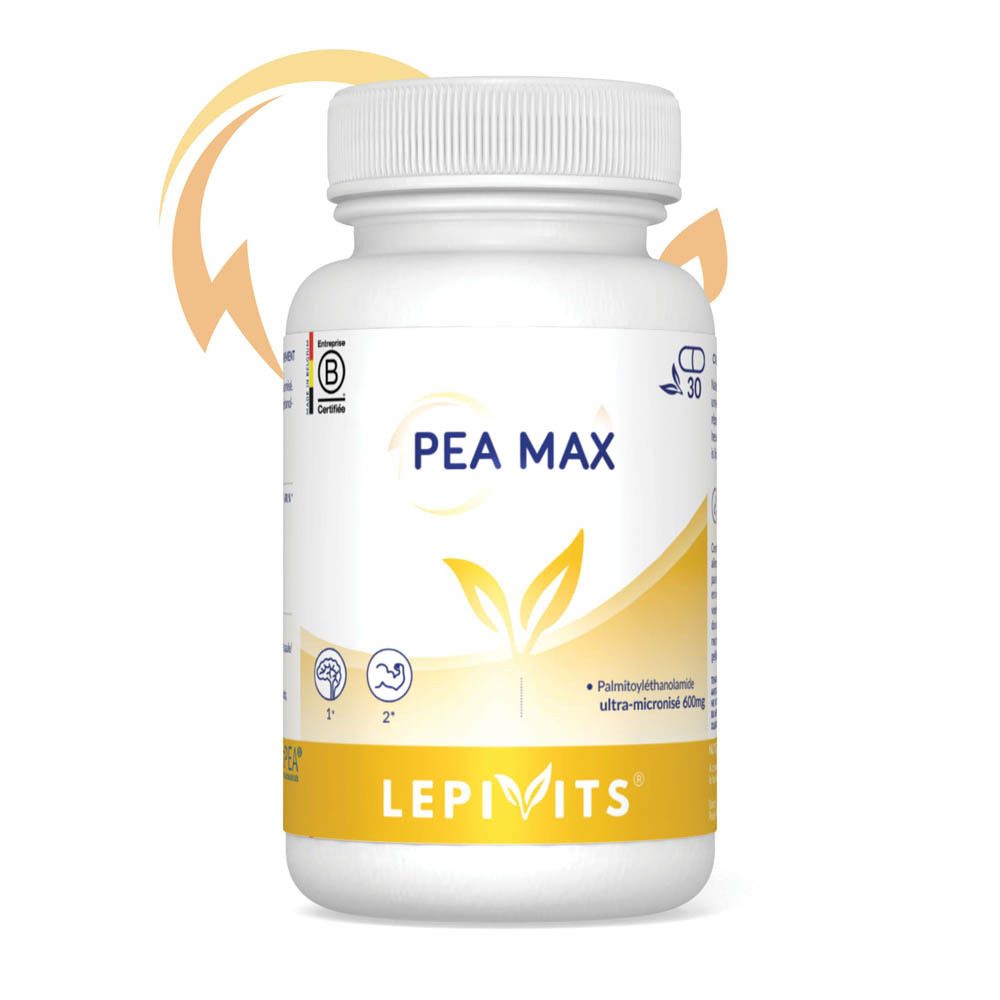 Flacon blanc avec inscription PEA MAX et logo Lepivits. Contient 30 gélules. Avec label de certification.