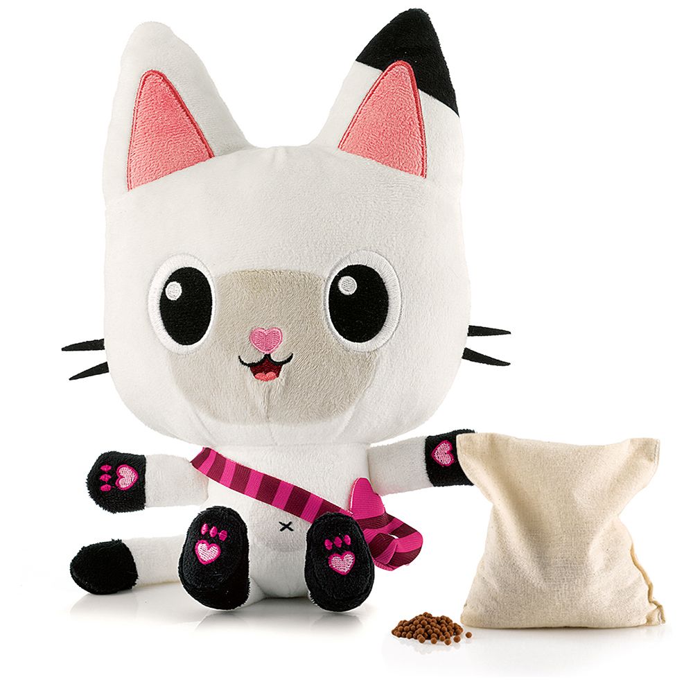 Peluche en forme de chat avec écharpe et un sac de granulés séparé.