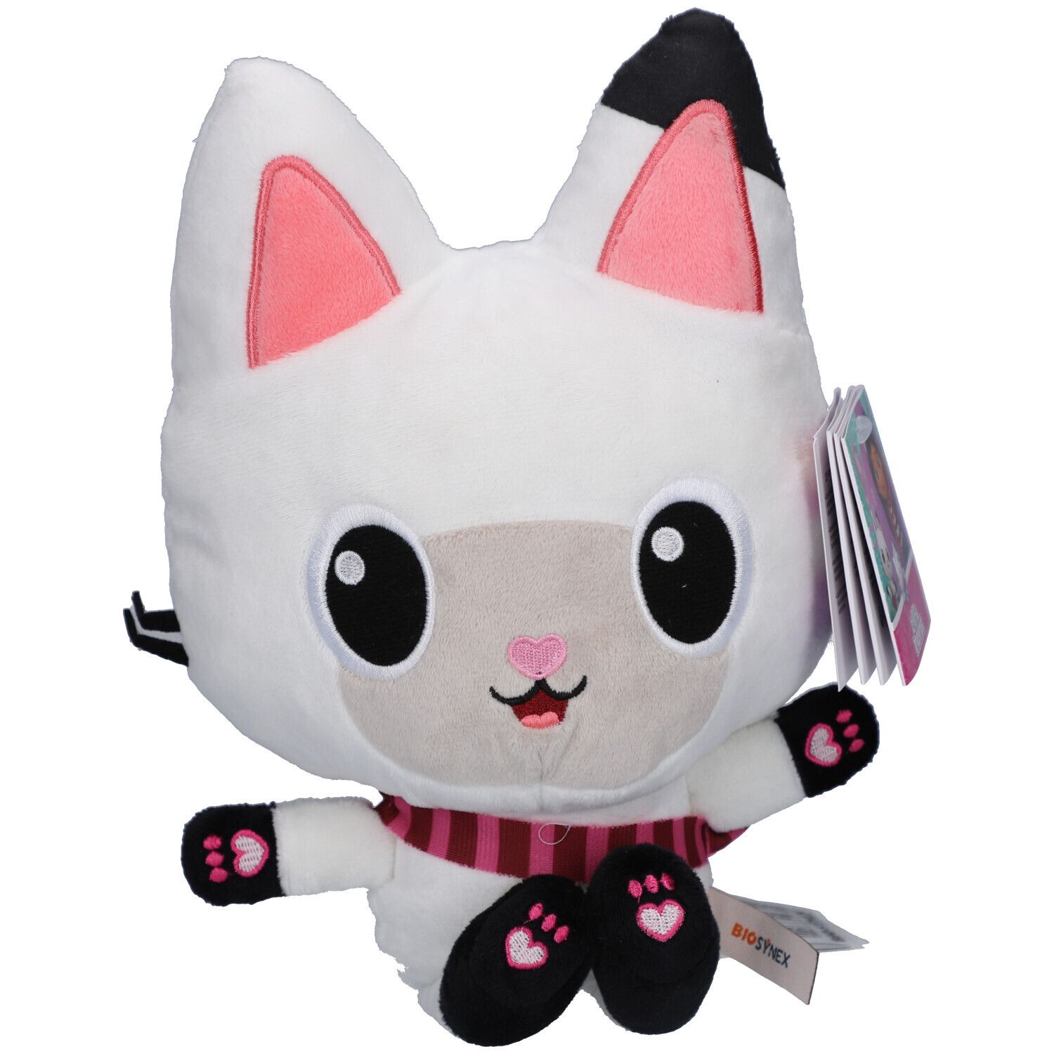 Weißes Plüschtier, Katze mit rosa Ohren und Schal. Schwarze Pfoten und Augen. Biosynex-Etikett.
