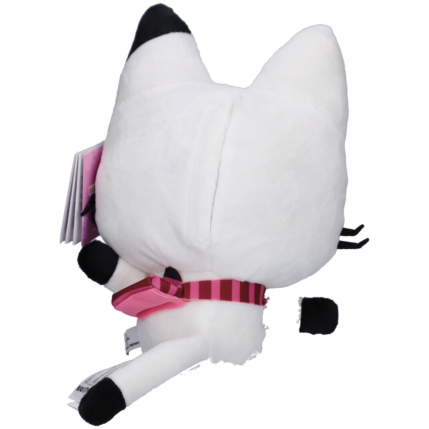 Rückansicht des weißen Plüschtiers. Rosa Schal, schwarze Pfoten. Biosynex-Etikett.