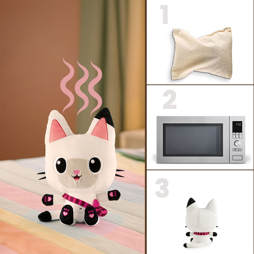 Peluche chat avec symboles de chaleur. À côté : sac, micro-ondes, vue arrière de la peluche.