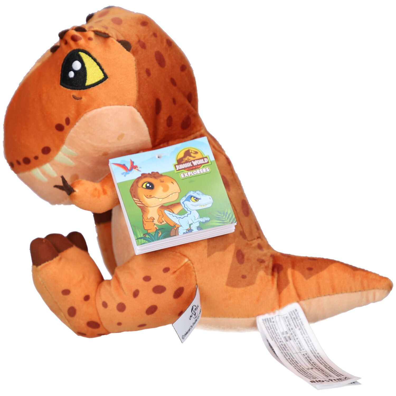 Orangefarbener T-Rex-Plüschtier mit braunen Flecken. Ein Etikett mit Logo und Bild ist am Produkt befestigt.