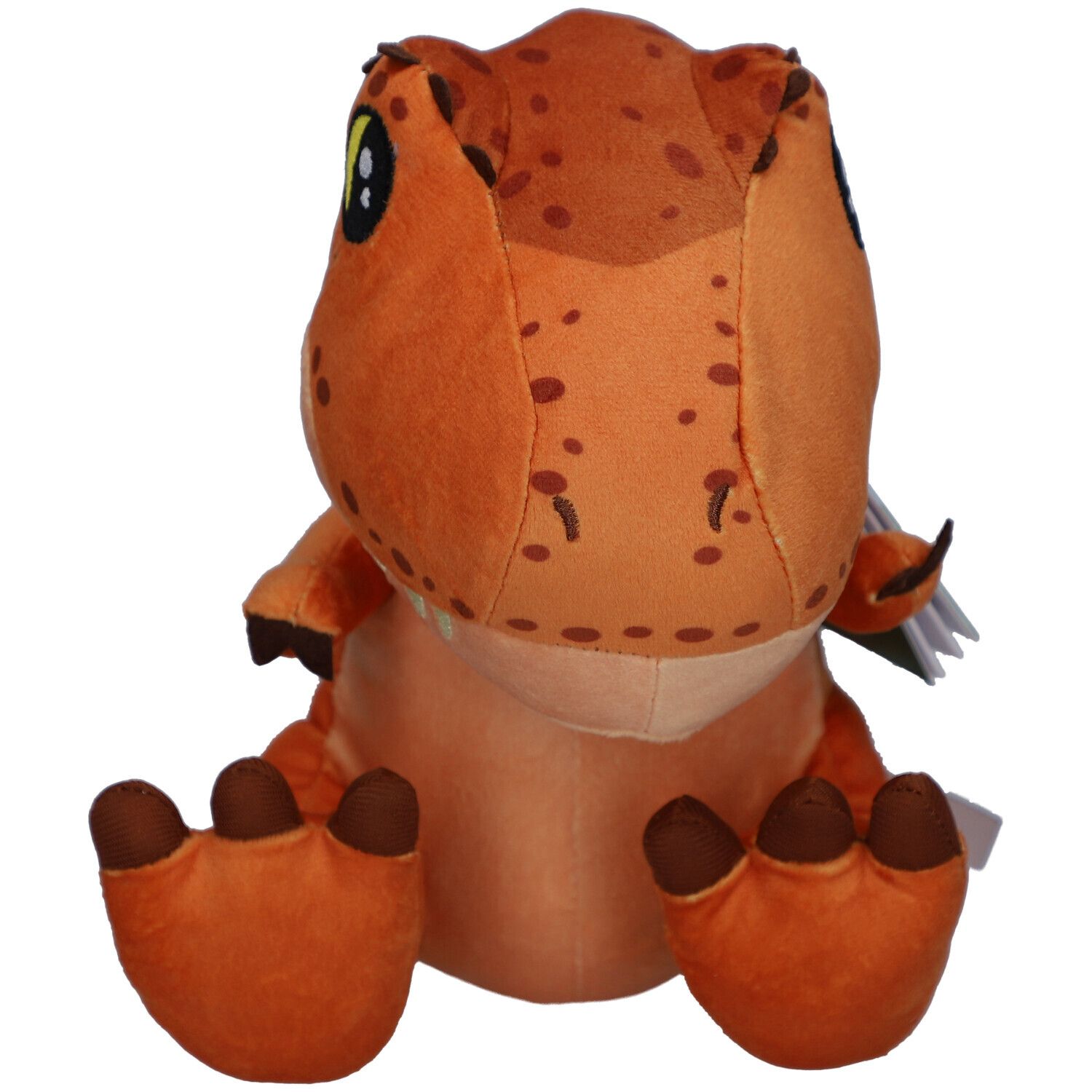 Rückansicht eines orangefarbenen T-Rex-Plüschtiers. Ein Etikett ist am Produkt befestigt.