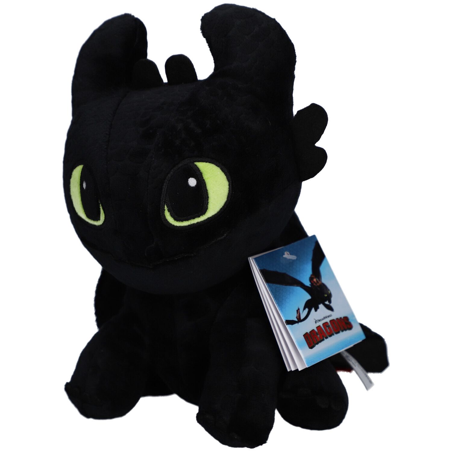 Schwarzes Plüschtier in Drachenform mit gelben Augen und einem Anhänger. Auf dem Anhänger ist ein Logo abgebildet.