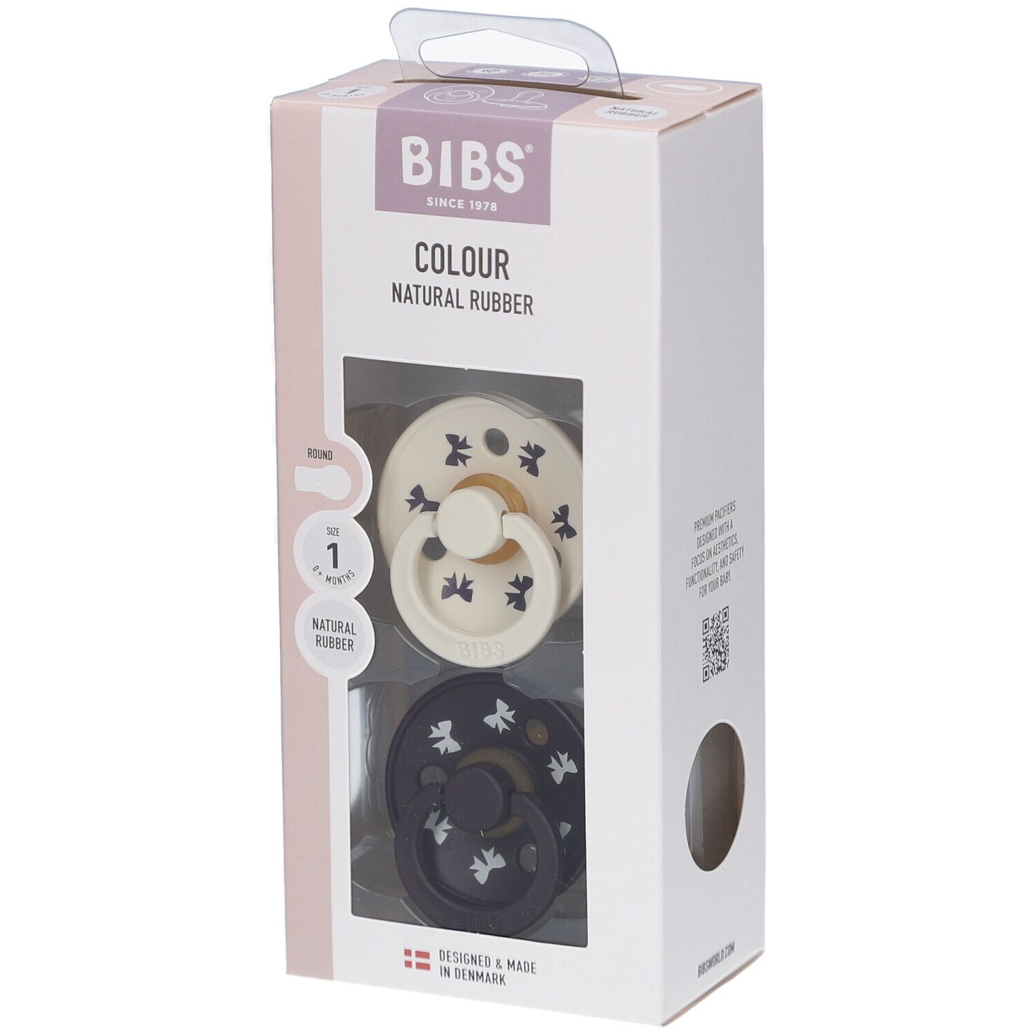 BIBS-Schnuller, 2 Stück, in Verpackung. Elfenbein/Pflaume, Größe 1. Naturgummi. Sichtfenster. Marke und Produktinformationen.