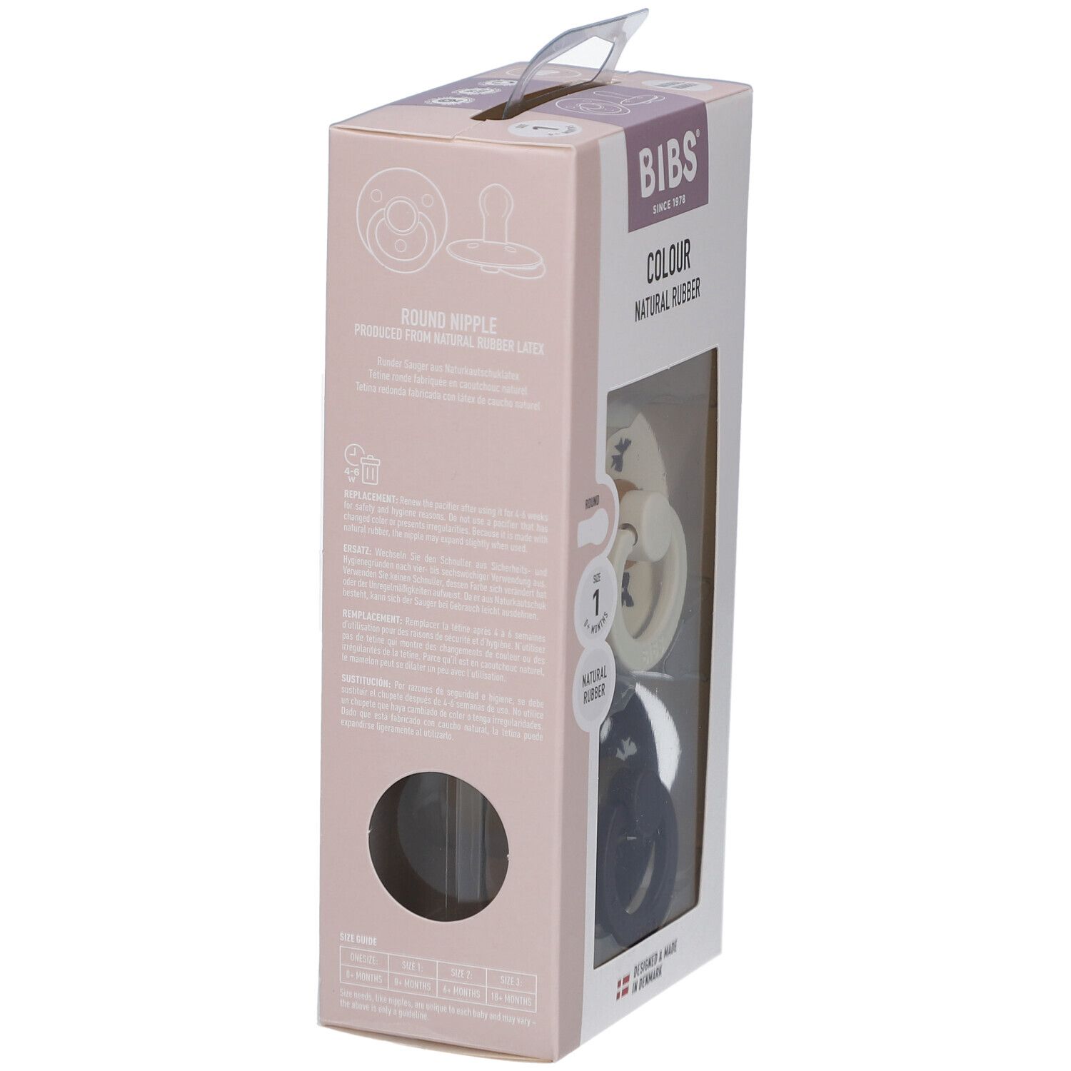 Verpackung der BIBS-Schnuller. Rückseite mit Text und Warnhinweisen. Sichtfenster für die Schnuller. Griff oben.