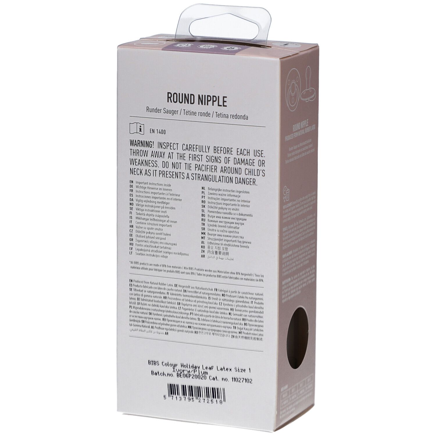 Rückseite der BIBS-Schnuller-Verpackung. Text, Warnhinweise und Produktinformationen. Griff oben.