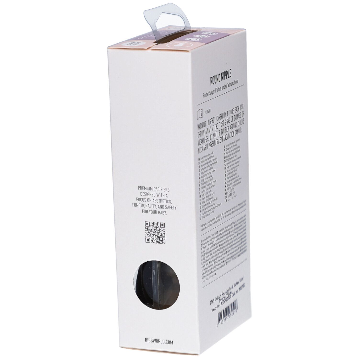 Verpackung der BIBS-Schnuller. Rückseite mit Text und Warnhinweisen. Griff oben.